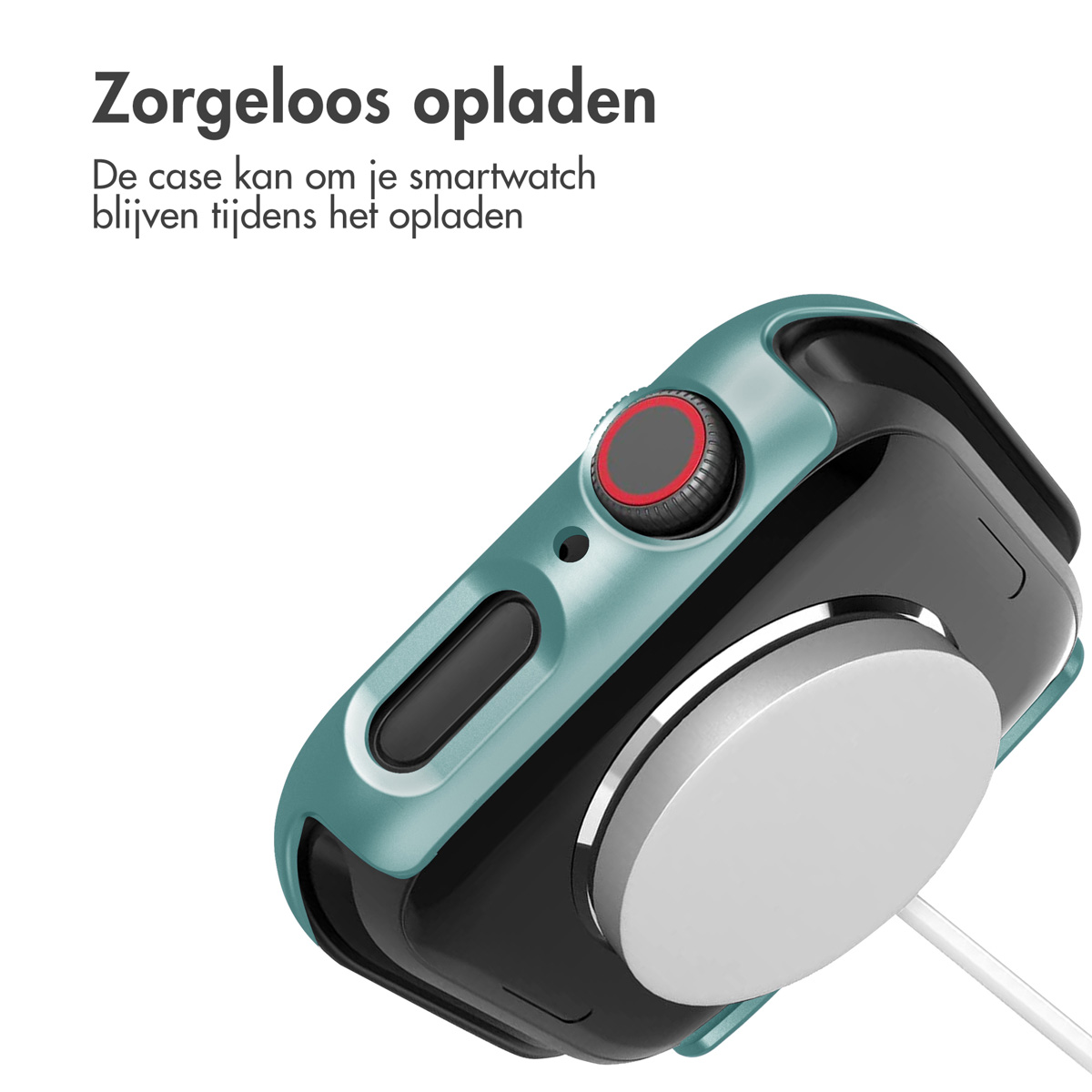 Green Apple Watch charging on a white charger. Text: 'Zorgeloos opladen'.