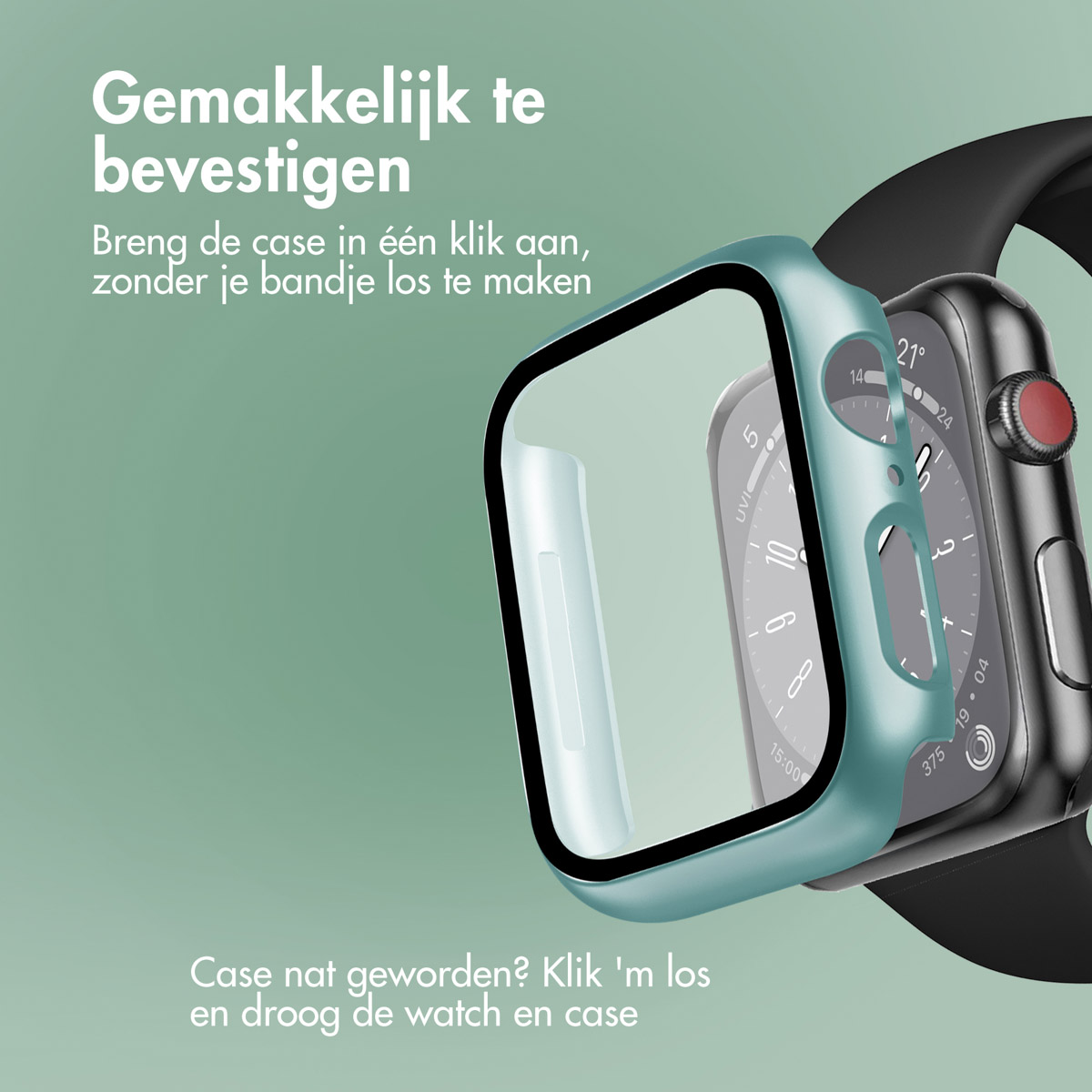 Black smartwatch with a teal case attached, showing the screen partially. A light blue background.