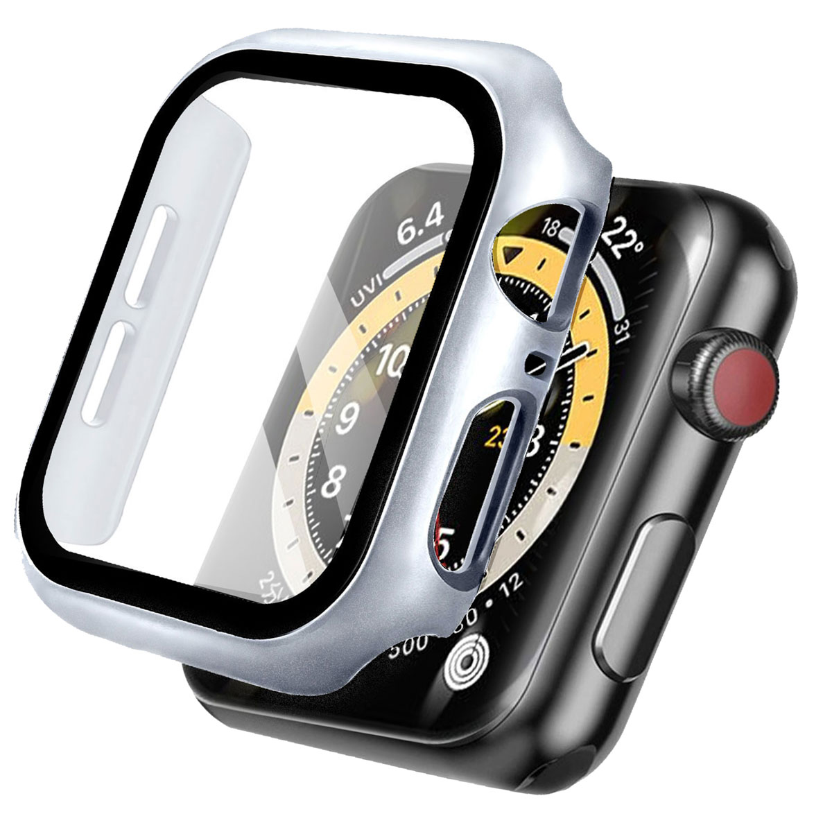 An Apple Watch with a silver case and a transparent screen protector.