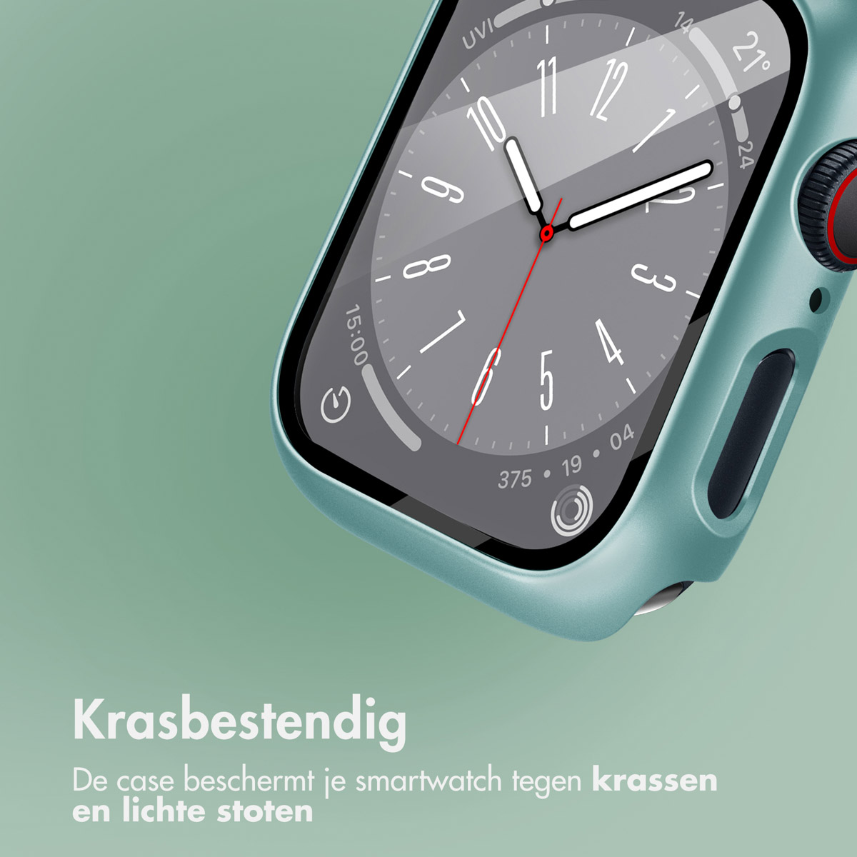 Green Apple watch with a green protective case. The watch face is visible.