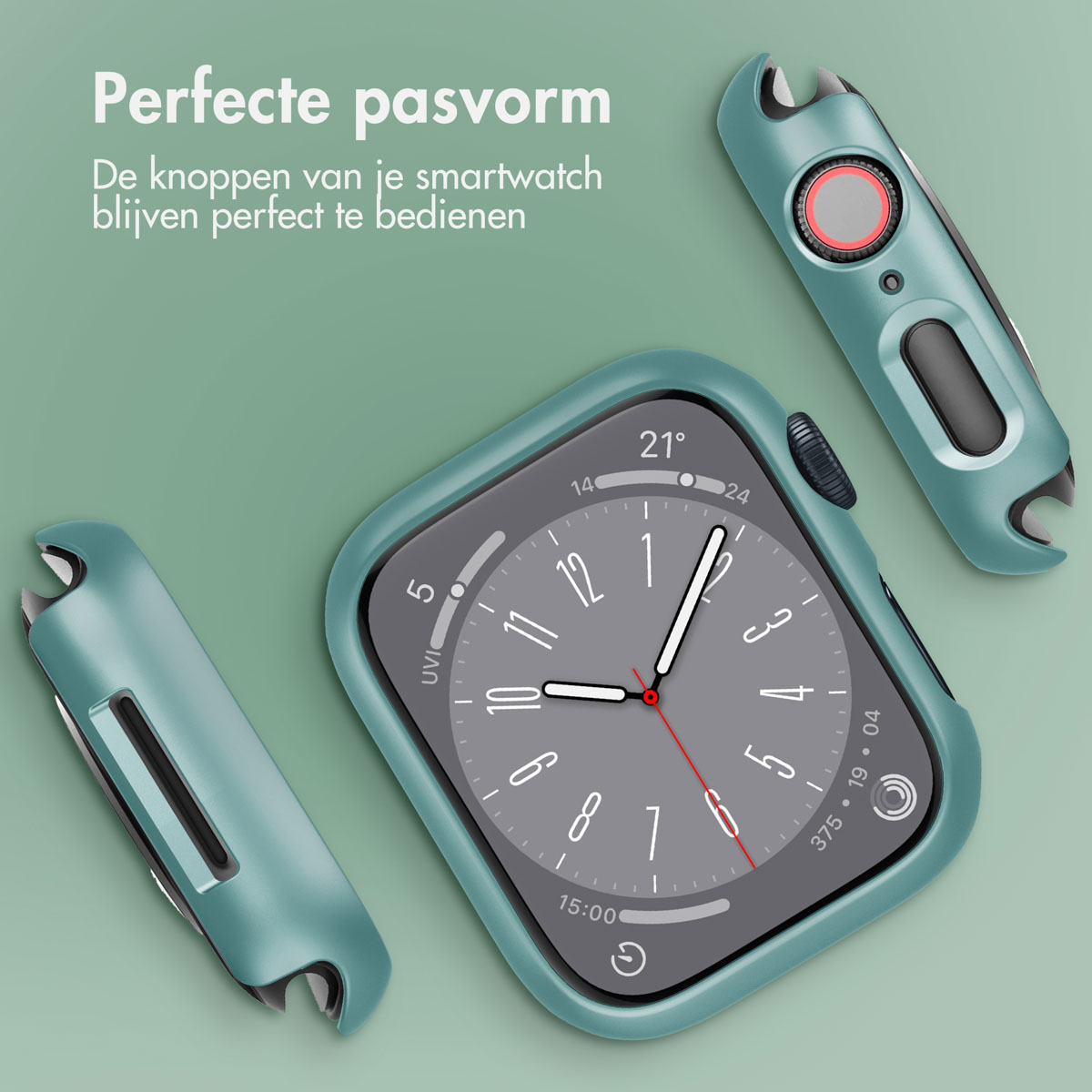 Teal watch case with three pieces. Smartwatch screen visible. Green background.