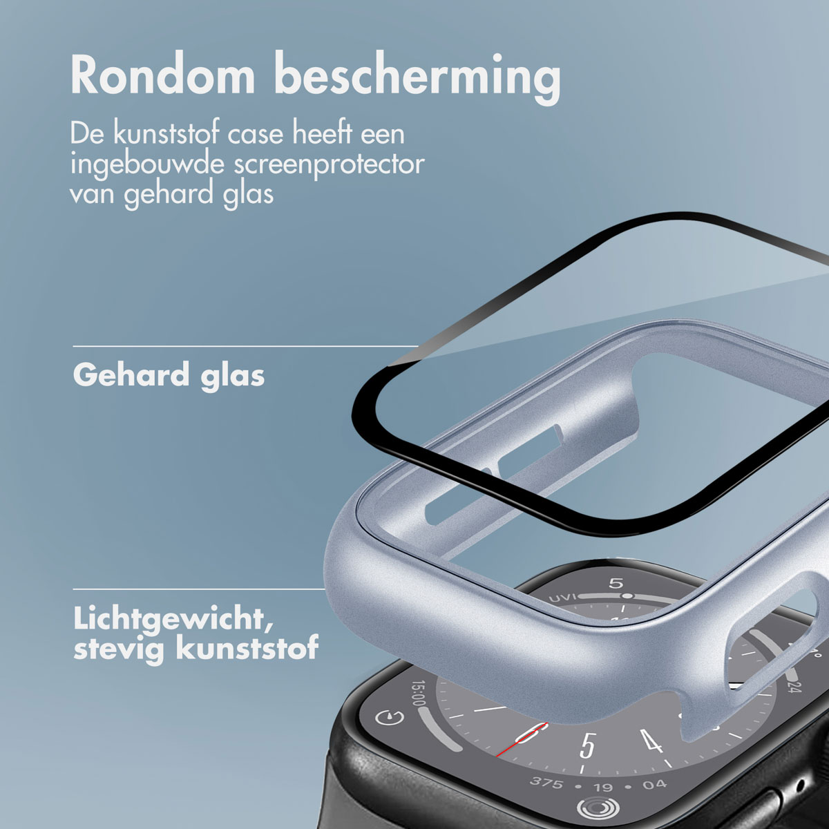 An exploded view shows a silver smartwatch case with a clear screen protector, over a black watch.