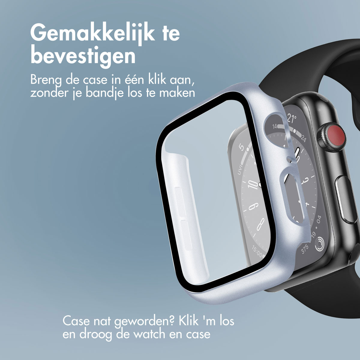 A silver watch case on a black watch. Text indicates easy attachment.
