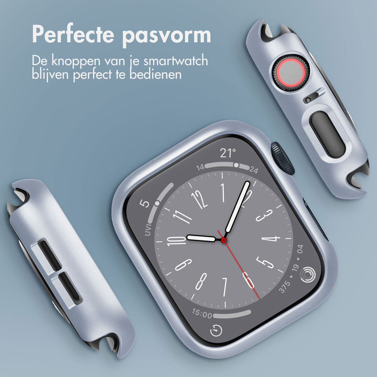 Smartwatch with silver case and three case pieces. Text: Perfect fit. Buttons function perfectly.