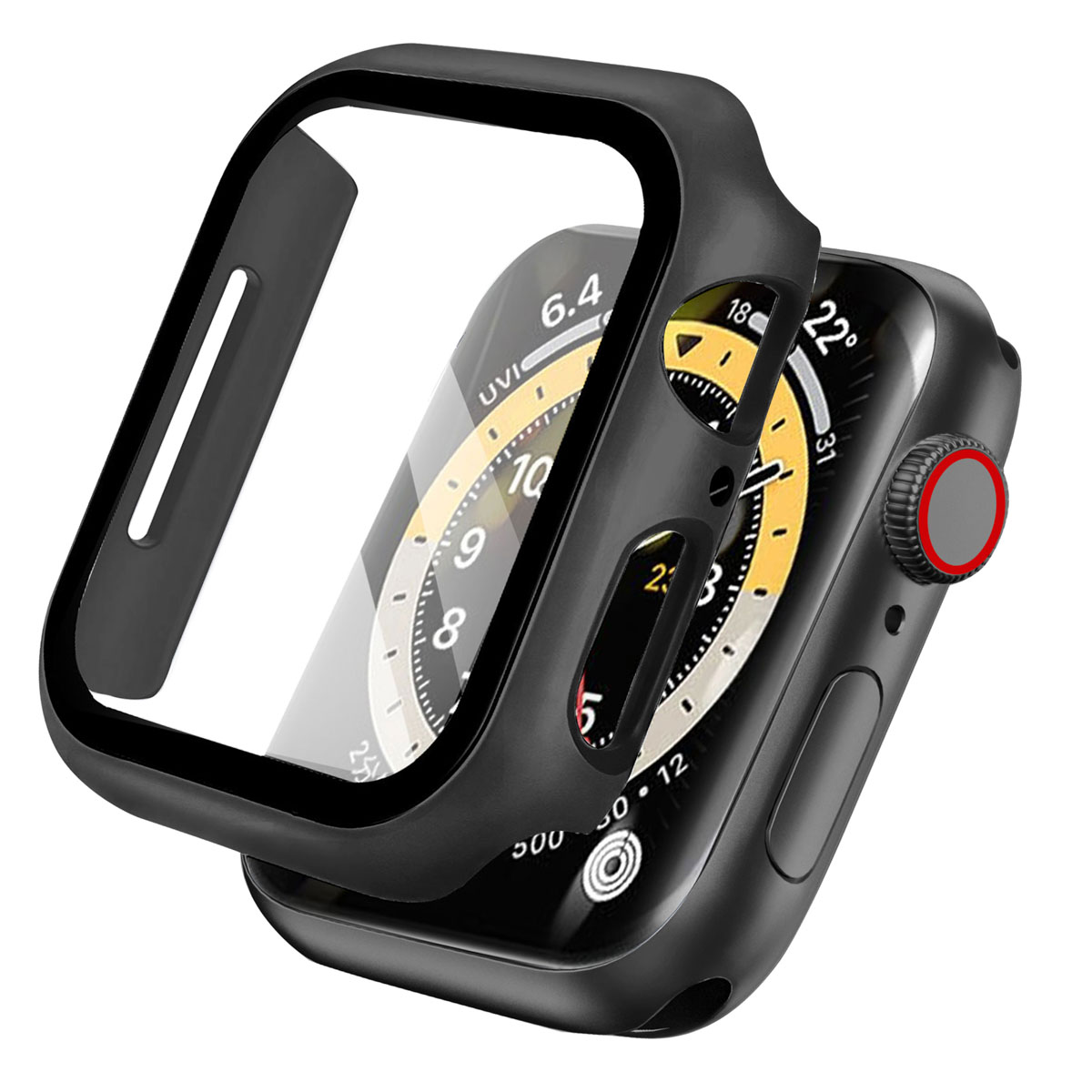Black watch with a protective case. The screen shows the time. The cover is lifted.