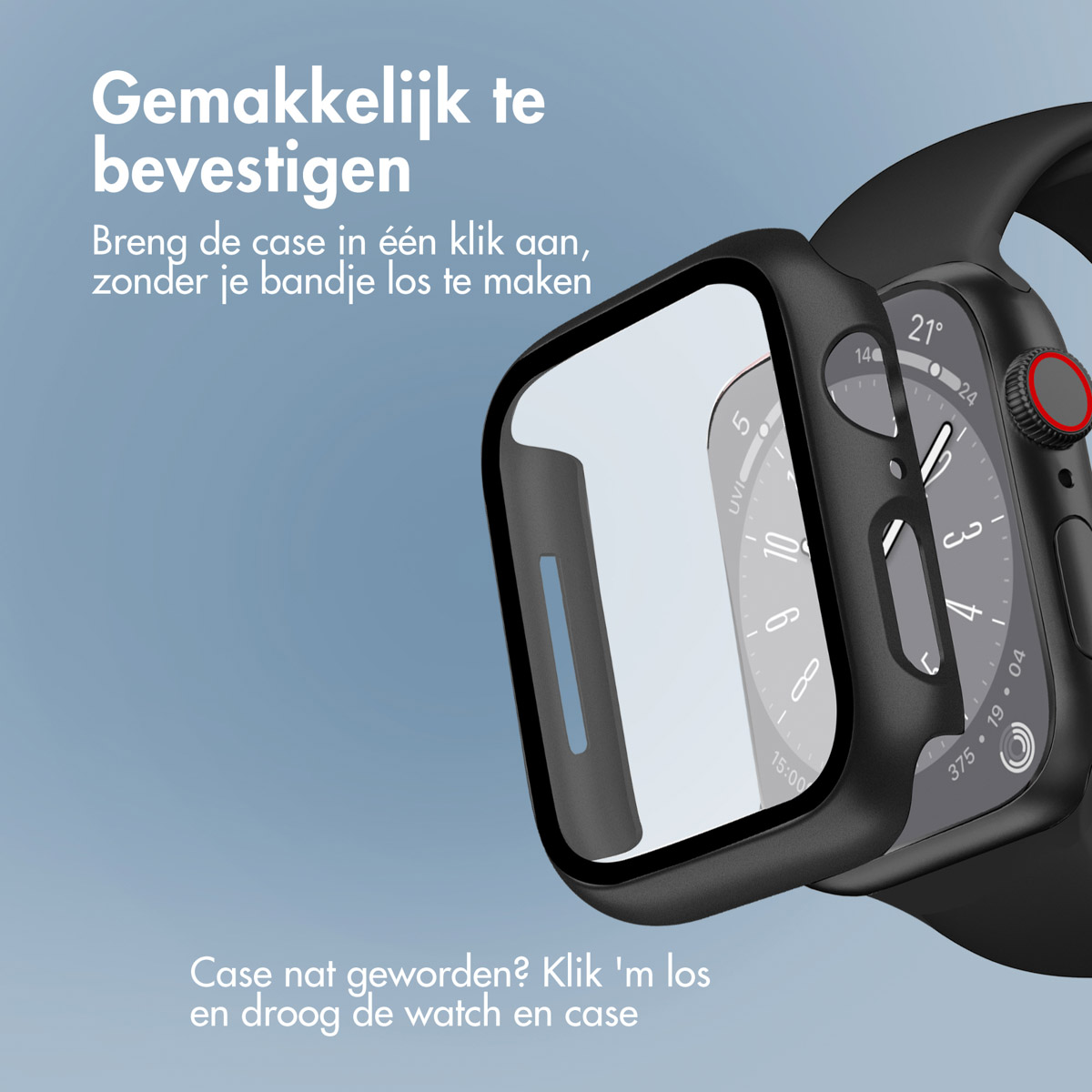 Black smartwatch with a black case attached, partially showing the screen. A light blue background.