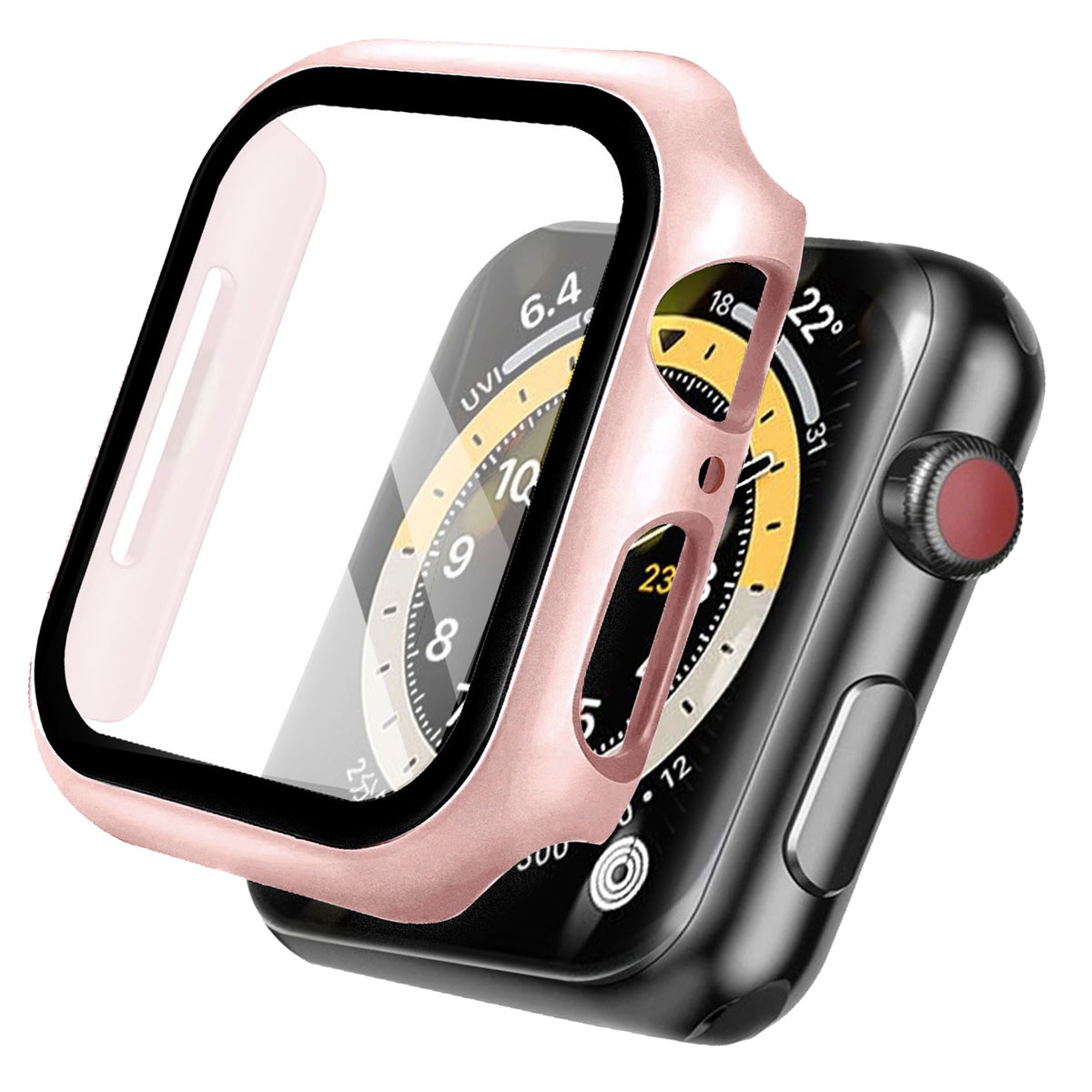 Black smartwatch with a pink case, partially covering the screen. The background is blurred.