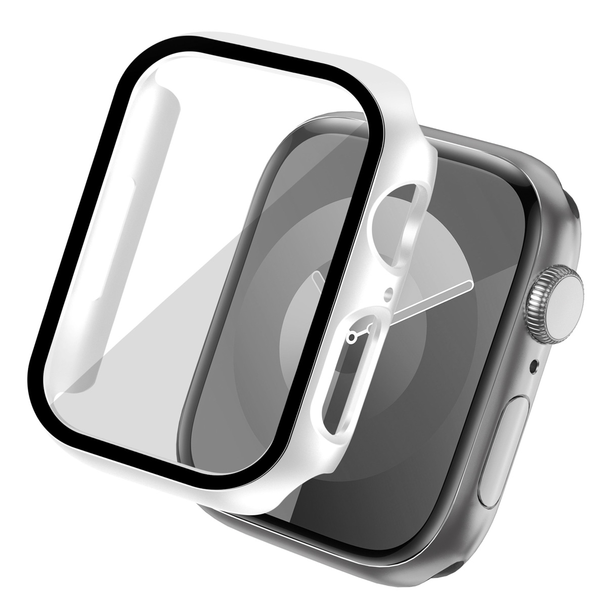Silver Apple Watch with a white protective case. The watch's screen is visible.