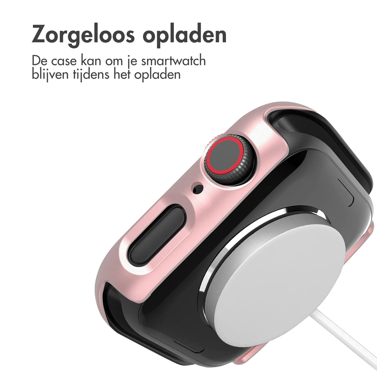 Smartwatch with a pink case on a white charging pad. Text says: Worry-free charging.