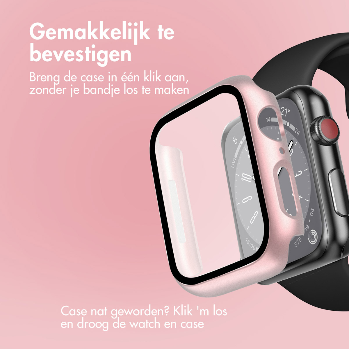 Pink watch case is being applied to a black watch. Text: easy to attach. The watch's screen is visible.