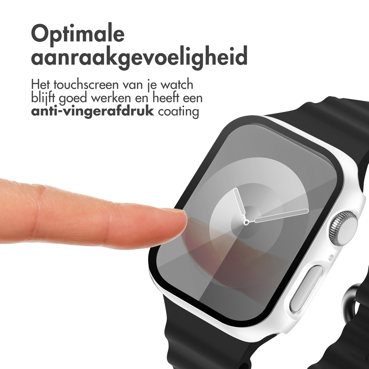 A finger touching a watch with a white case and black band.