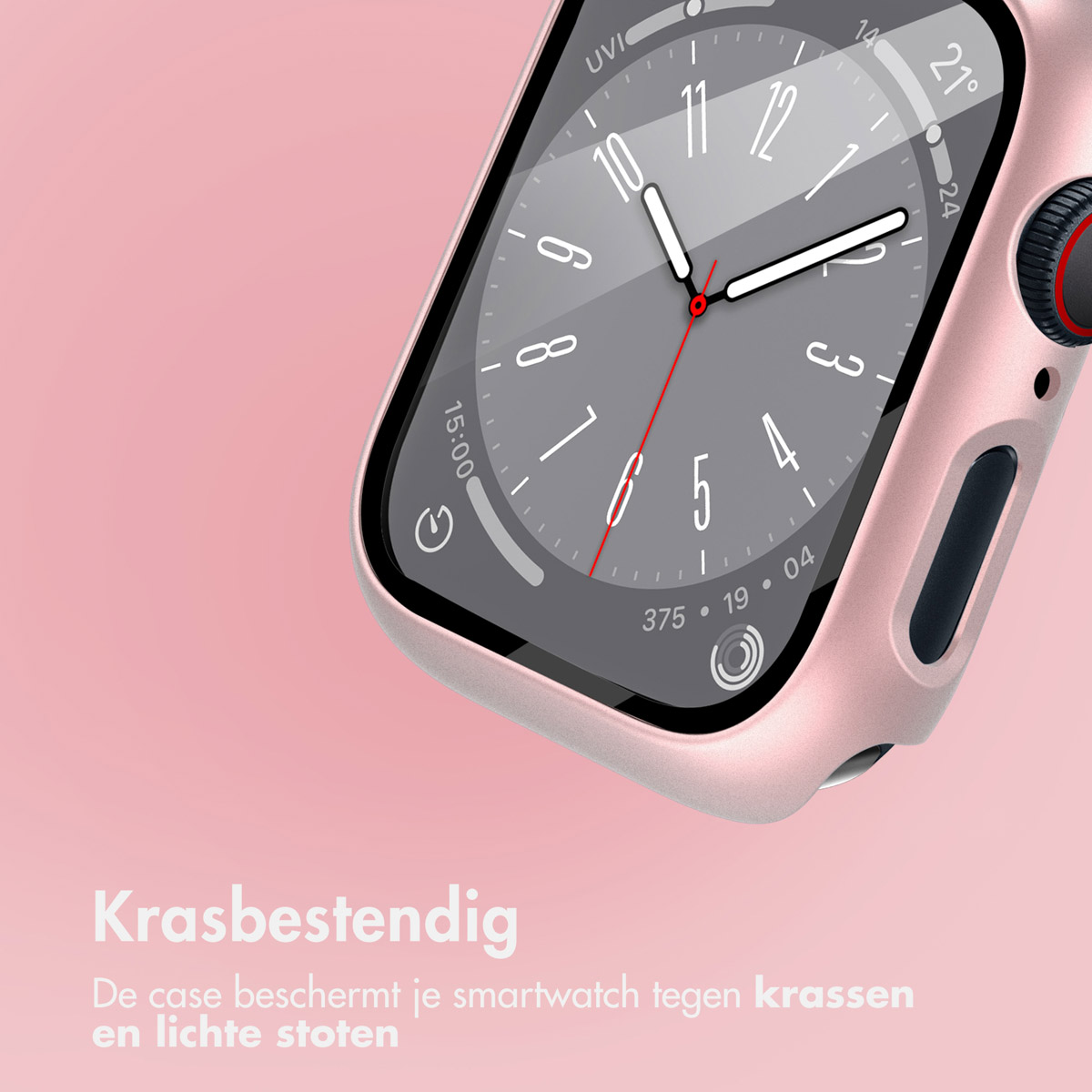 Pink watch case on pink background. Smartwatch screen visible. Text: Scratch resistant.