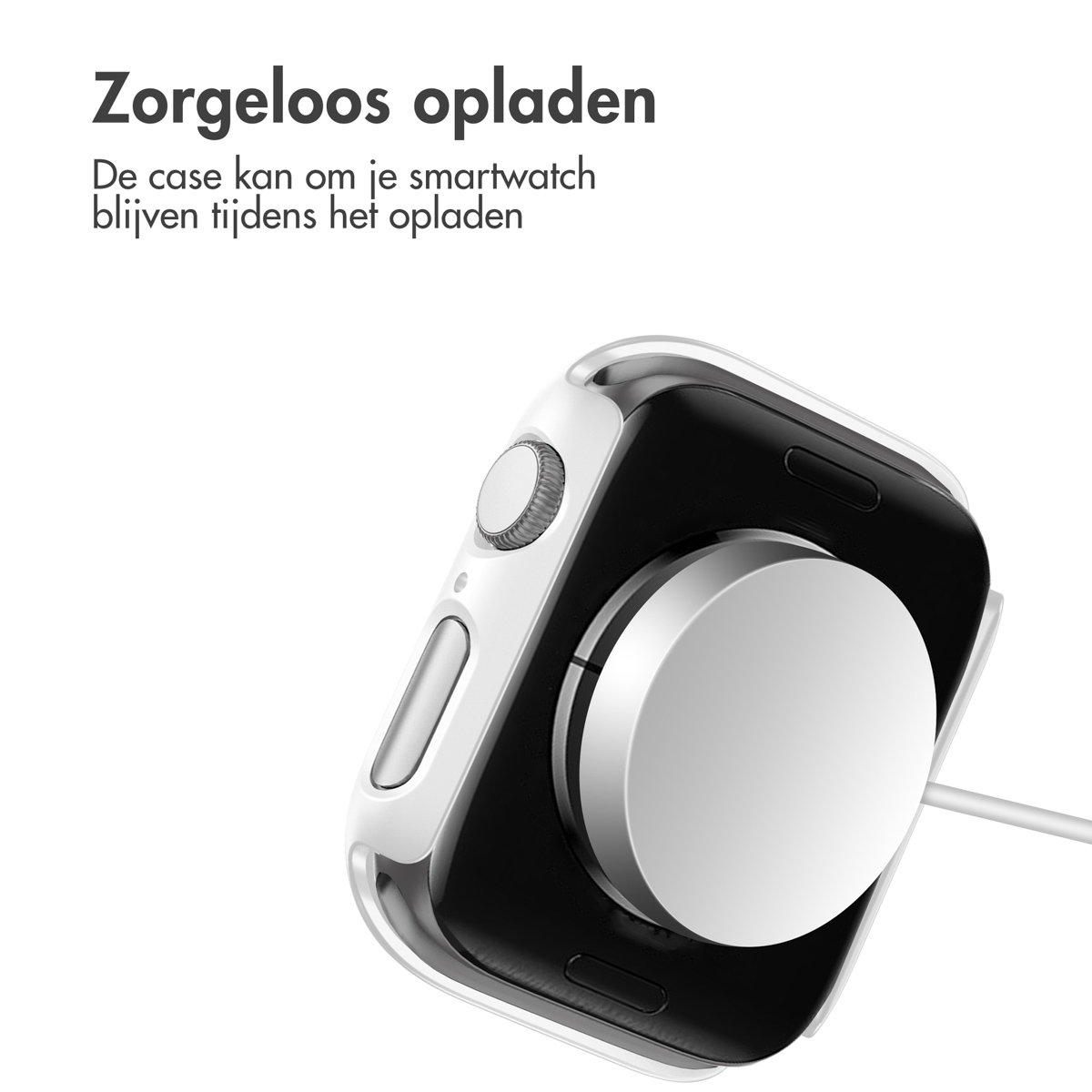 Smartwatch on a wireless charger. The watch is white with a clear case. The charger is white.
