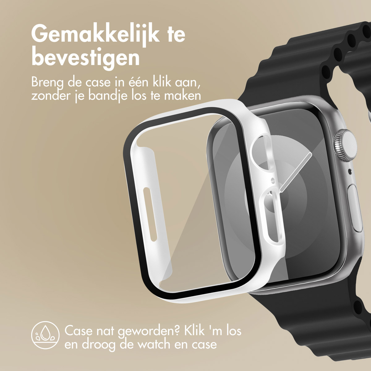 A white watch case on a black watch. Text indicates easy attachment.