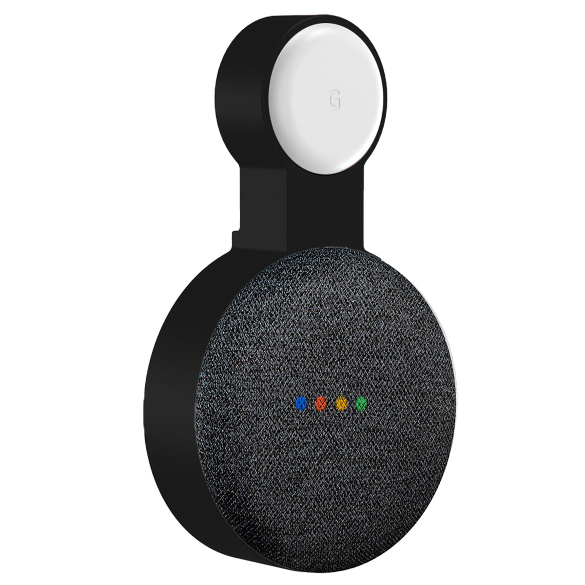 Google Nest Mini gemonteerd op een zwarte muurbeugel. Google-logo zichtbaar.
