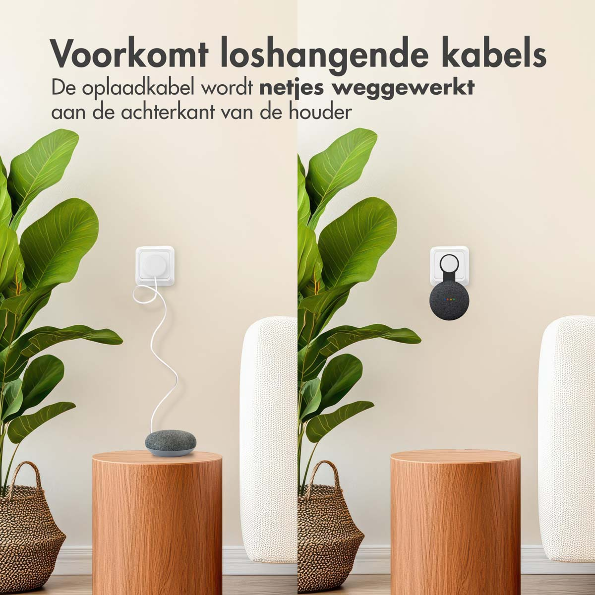 Een slimme luidspreker op een houten tafel naast een wit snoer dat is aangesloten op een stopcontact.