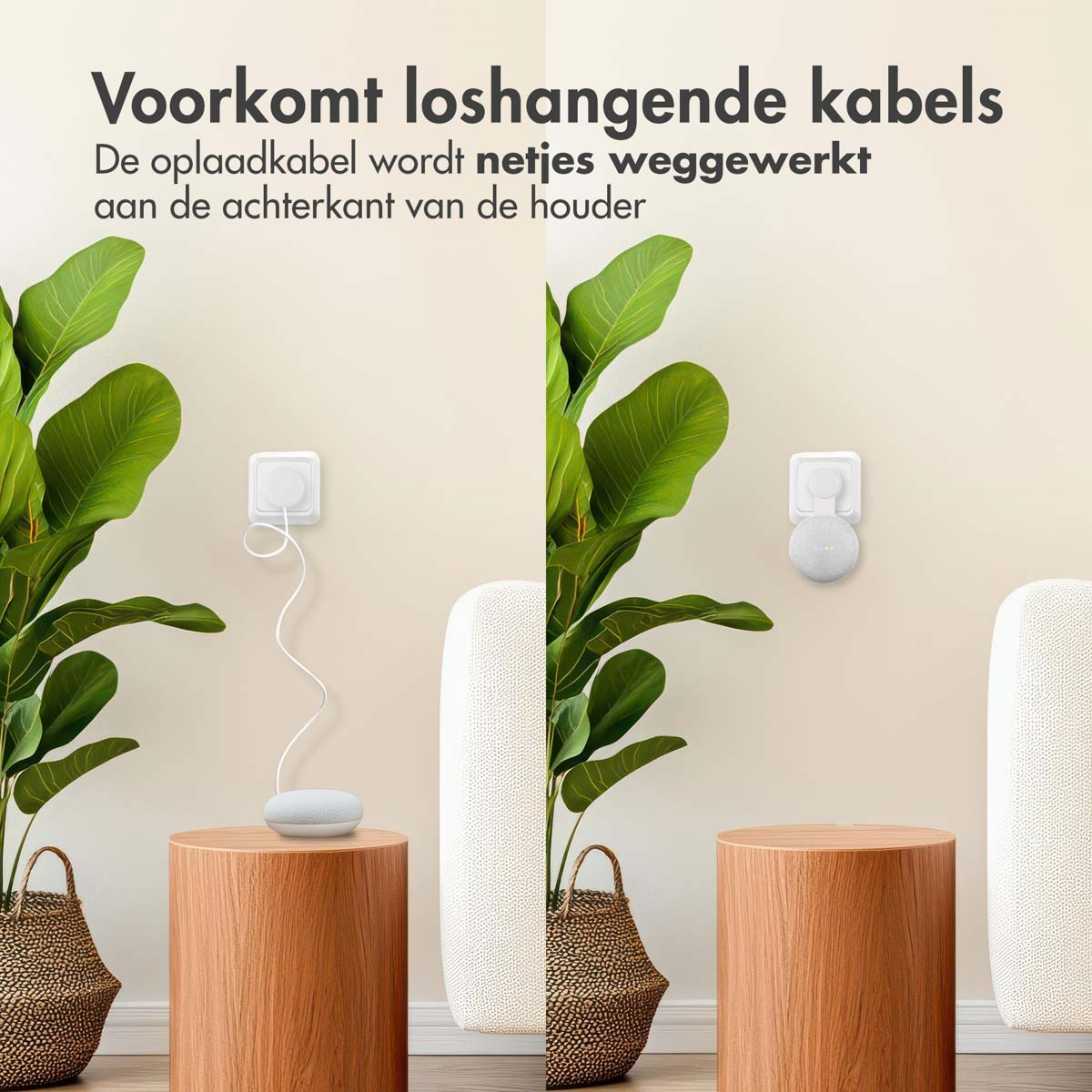 Witte slimme speakers, witte oplaadpads en groene planten op houten tafels.