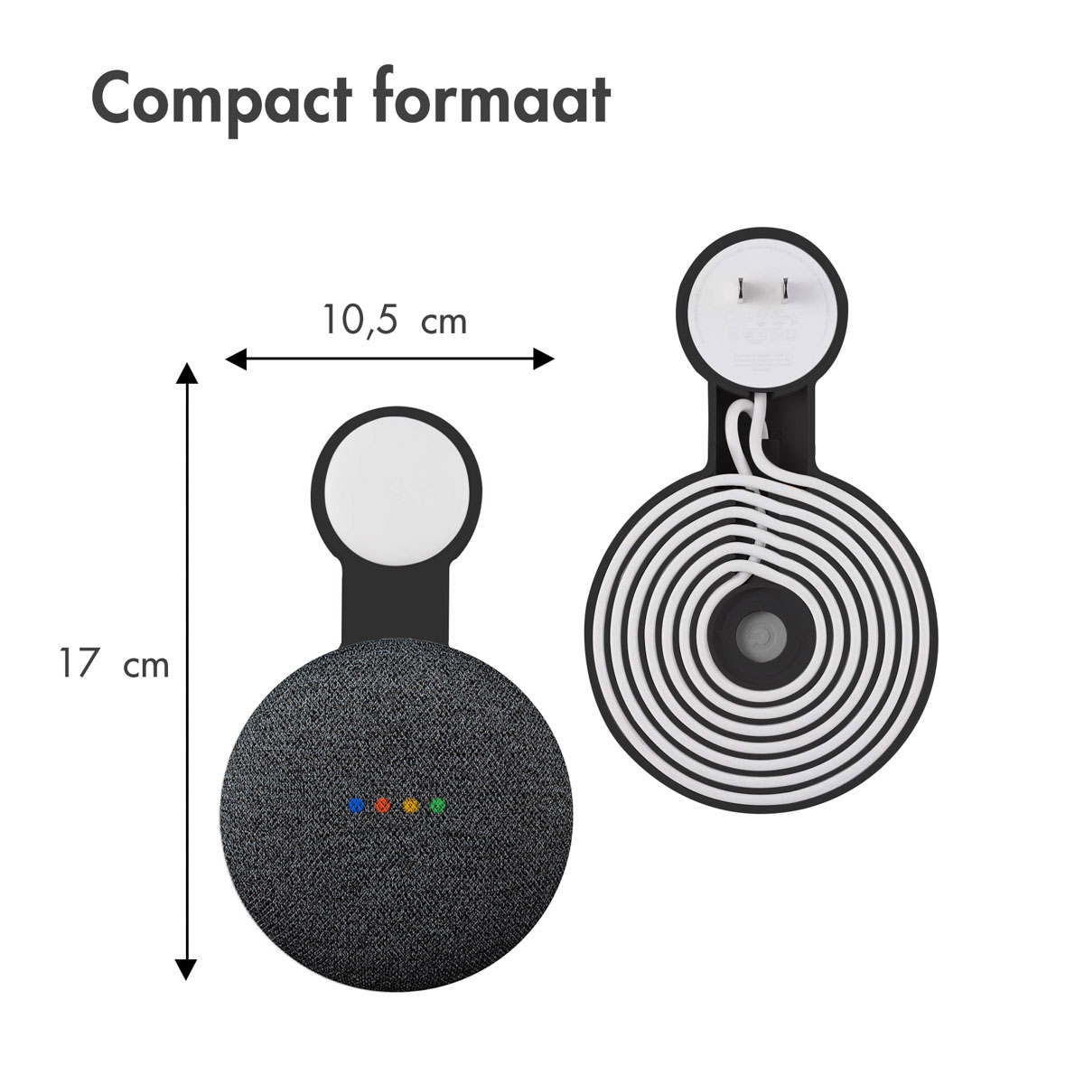 Twee Google Nest Mini's. Eén toont de voorkant, de andere de achterkant met afmetingen: 10,5 cm x 17 cm.