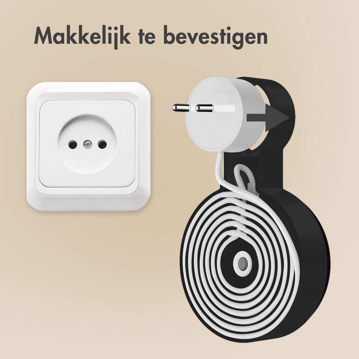 Een wit stopcontact naast een zwart-wit spiraalsnoer.