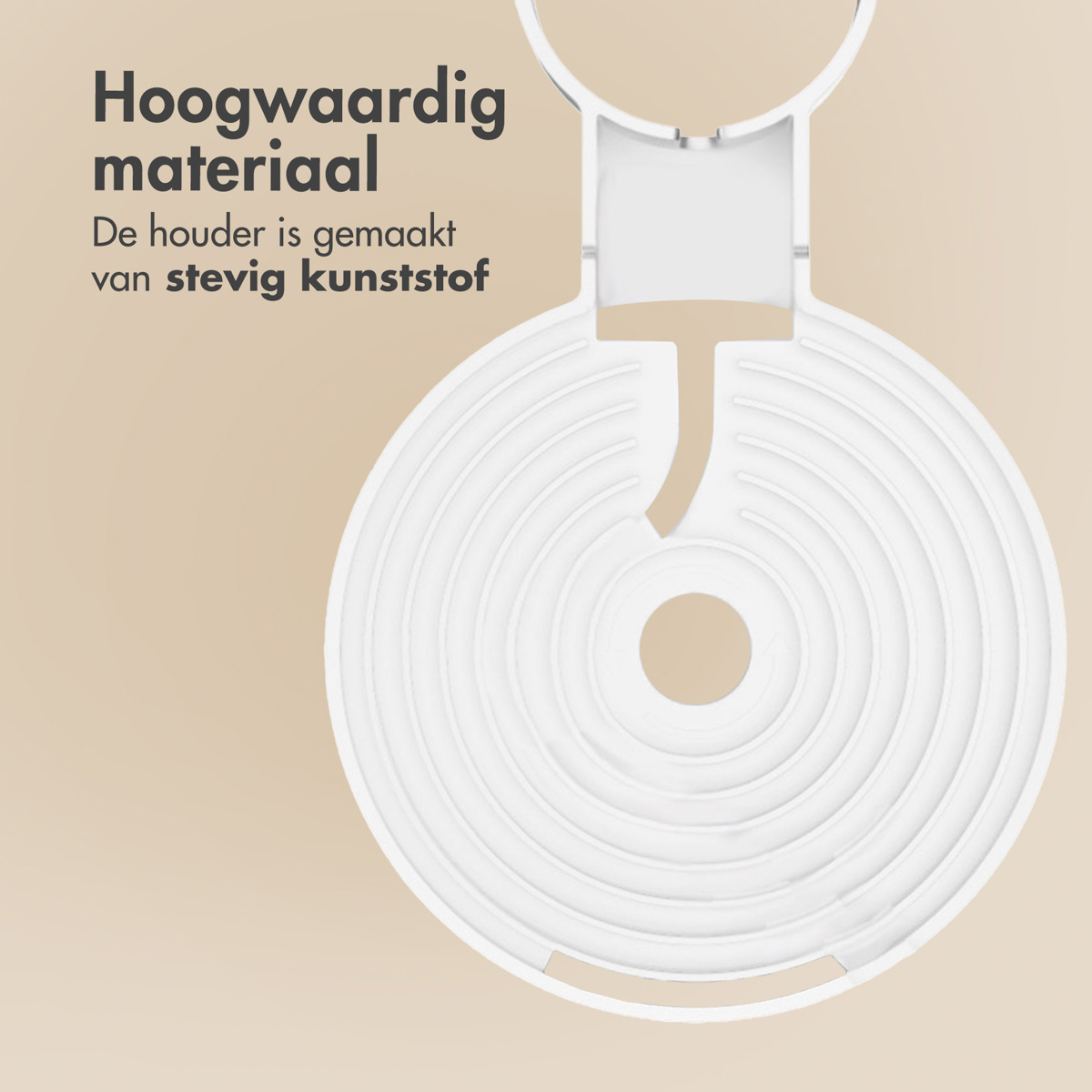 Een witte houder voor een klein apparaat. De houder heeft een ronde basis.