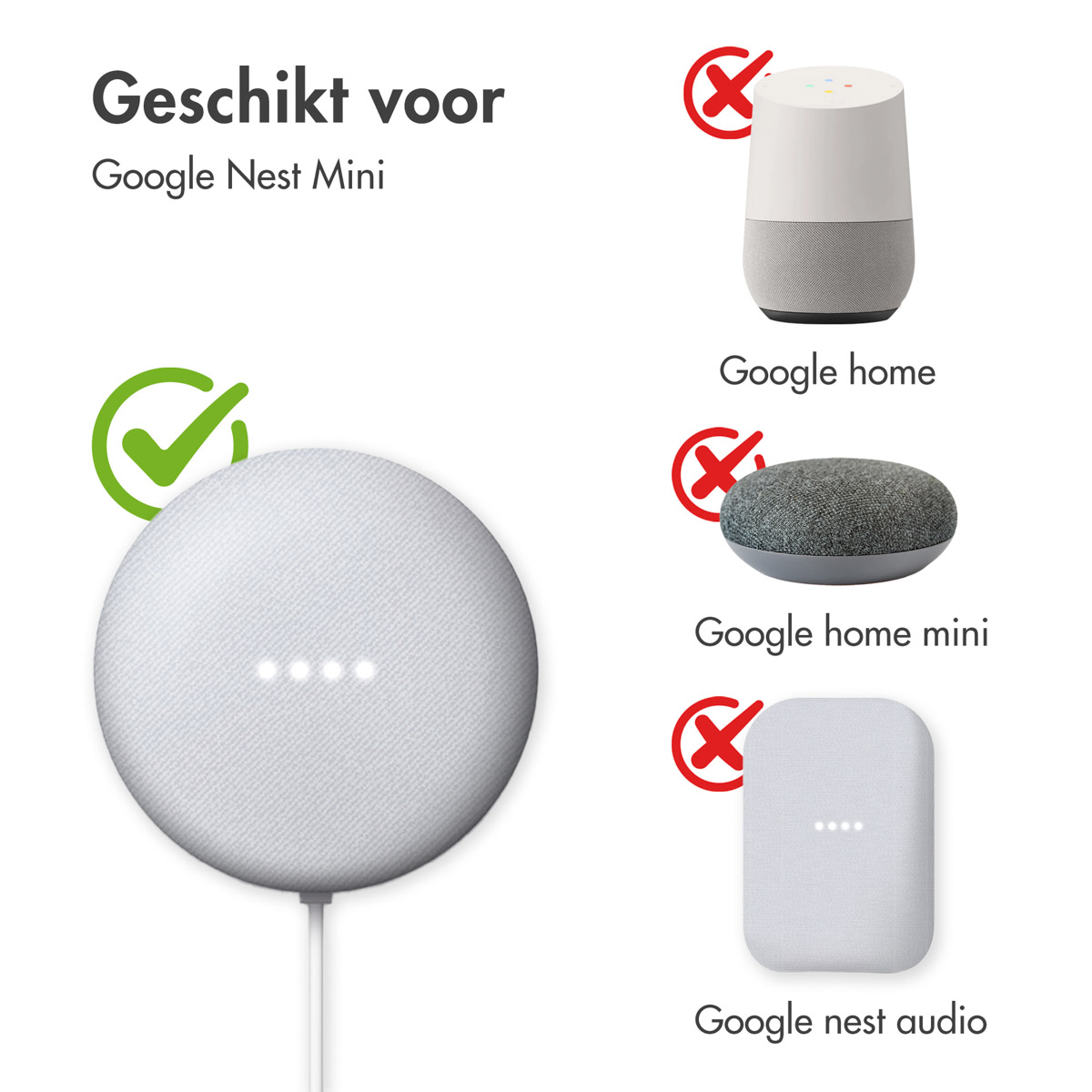 Google Nest Mini met een vinkje, en drie andere slimme speakers met rode kruizen.