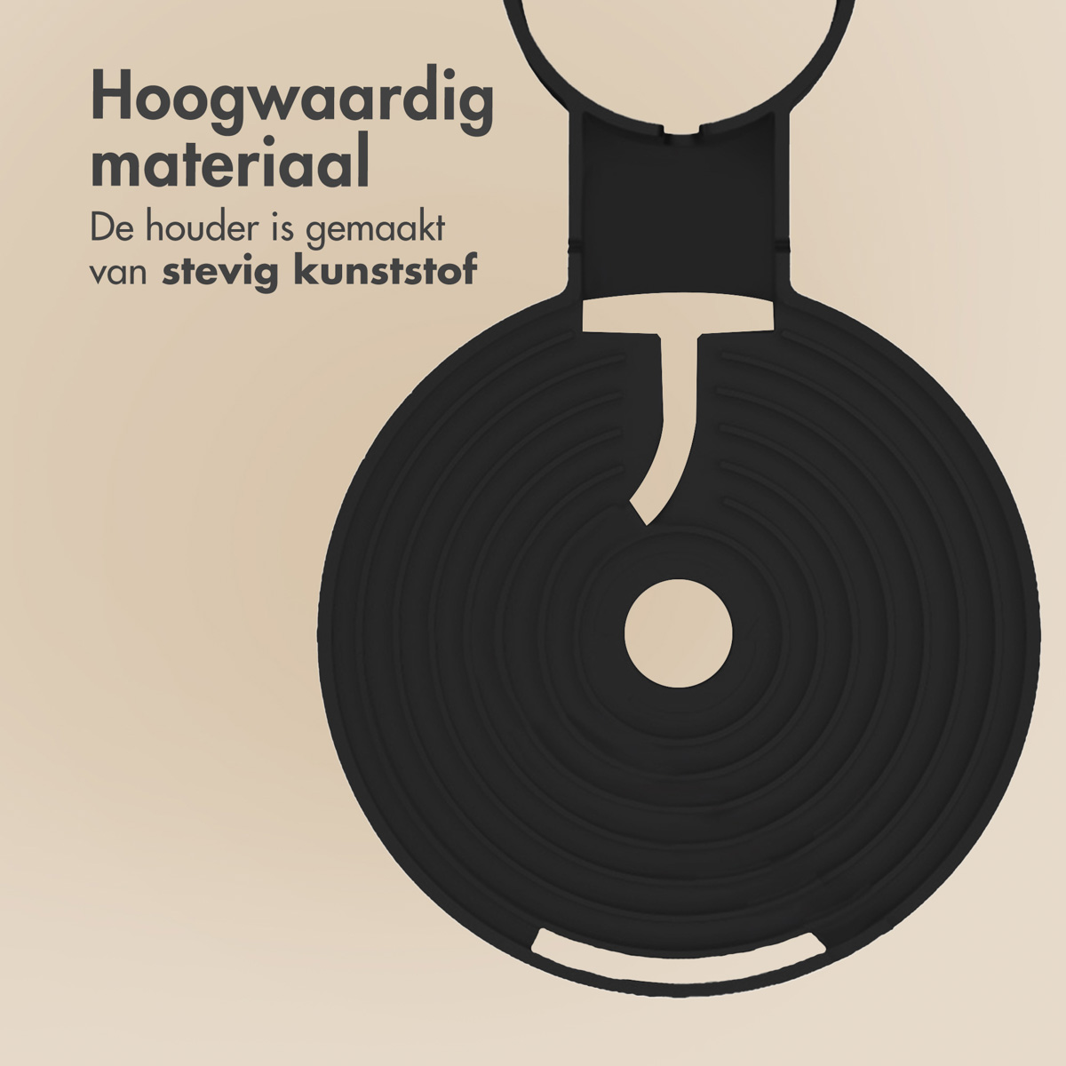 Zwarte houder met een ronde vorm. De achtergrond is beige.