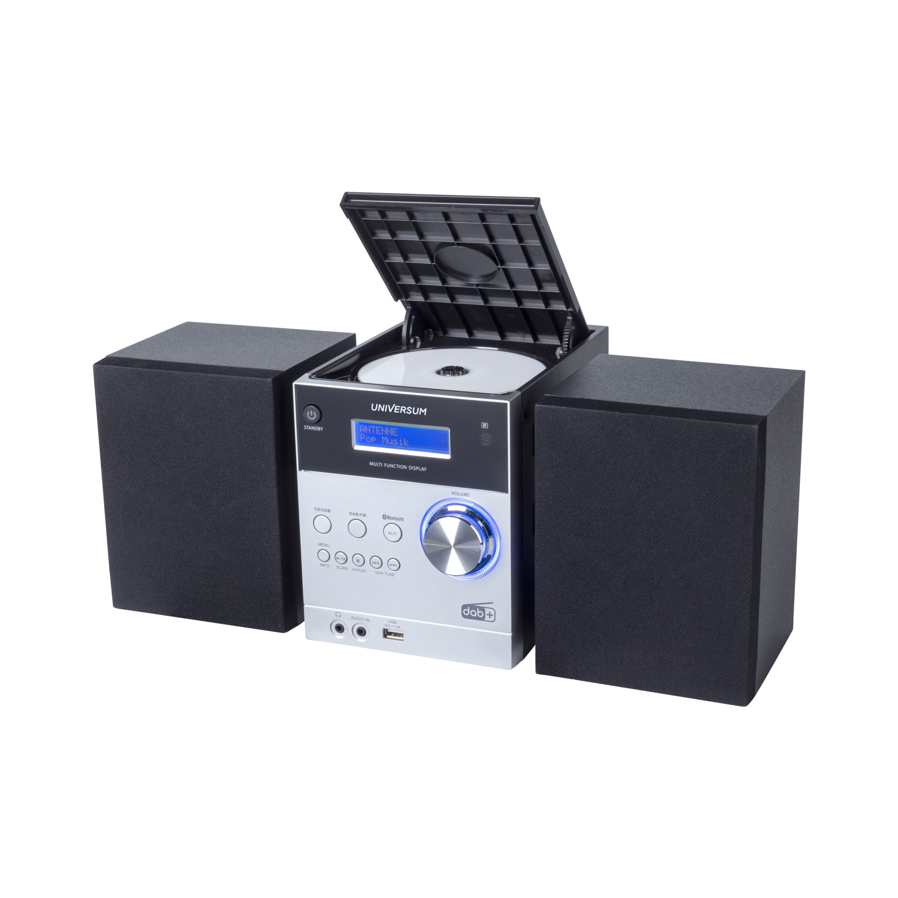 Schwarze und silberne Stereoanlage mit Lautsprechern und CD-Player.