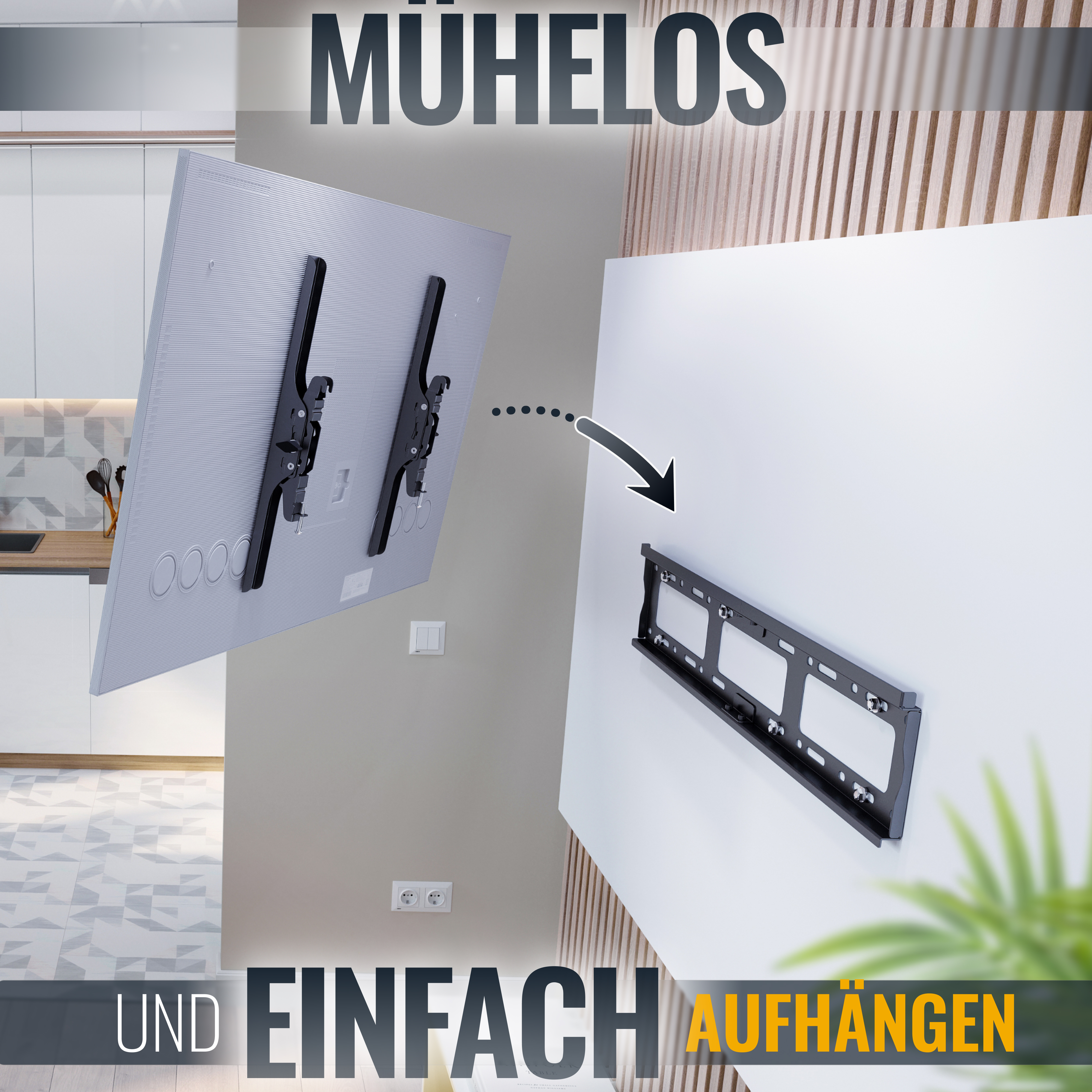 Fernseher und Wandhalterung. Der Fernseher ist schwarz und die Wandhalterung ist schwarz. Wörter: MÜHELOS, UND, EINFACH, AUFHÄNGEN.