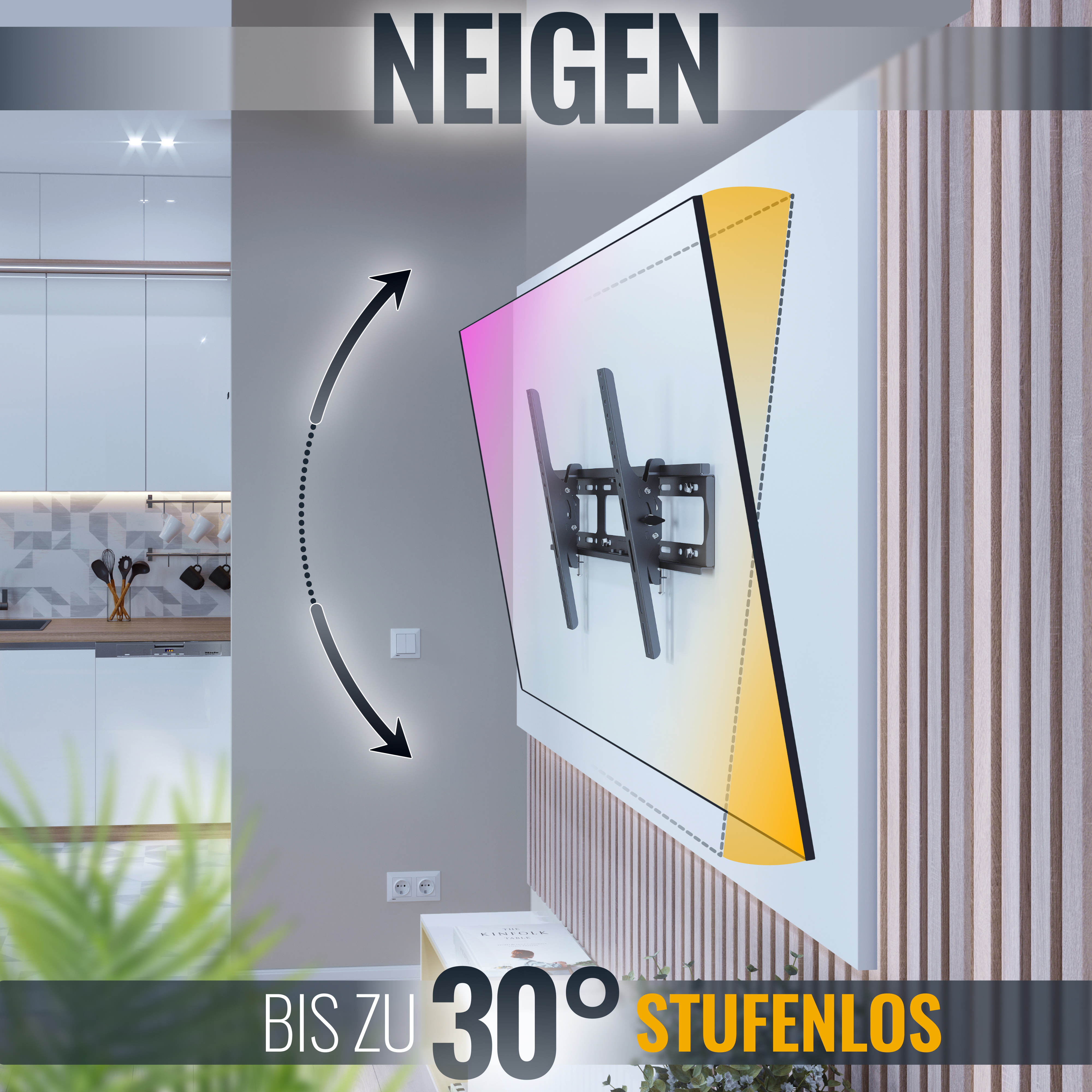 Ein Fernseher, der mit einer Kipphalterung an einer Wand montiert ist, mit einem Pfeil, der den Winkel zeigt.