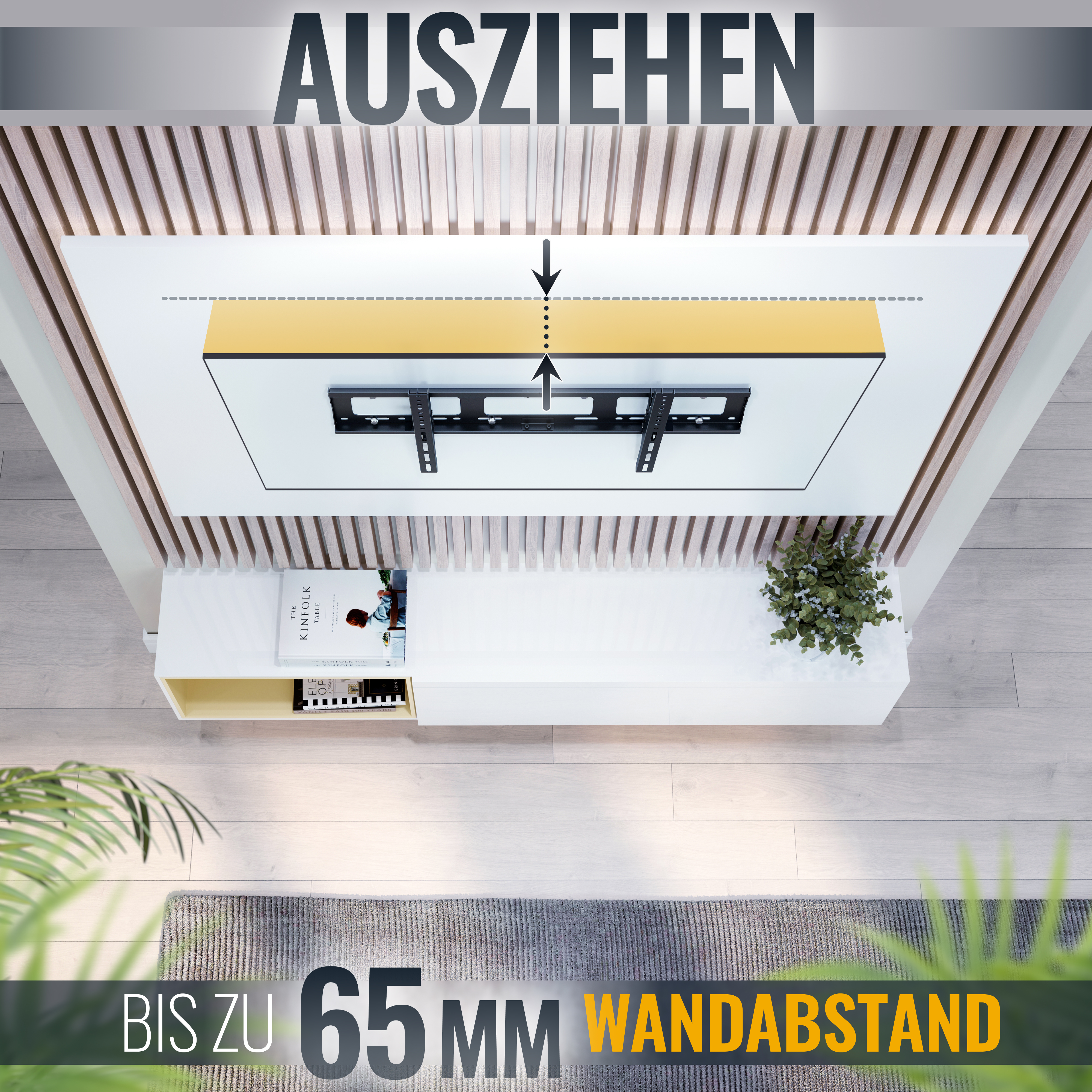 Ein Fernseher an der Wand montiert mit Text in Deutsch und Pfeilen, die den Abstand anzeigen.