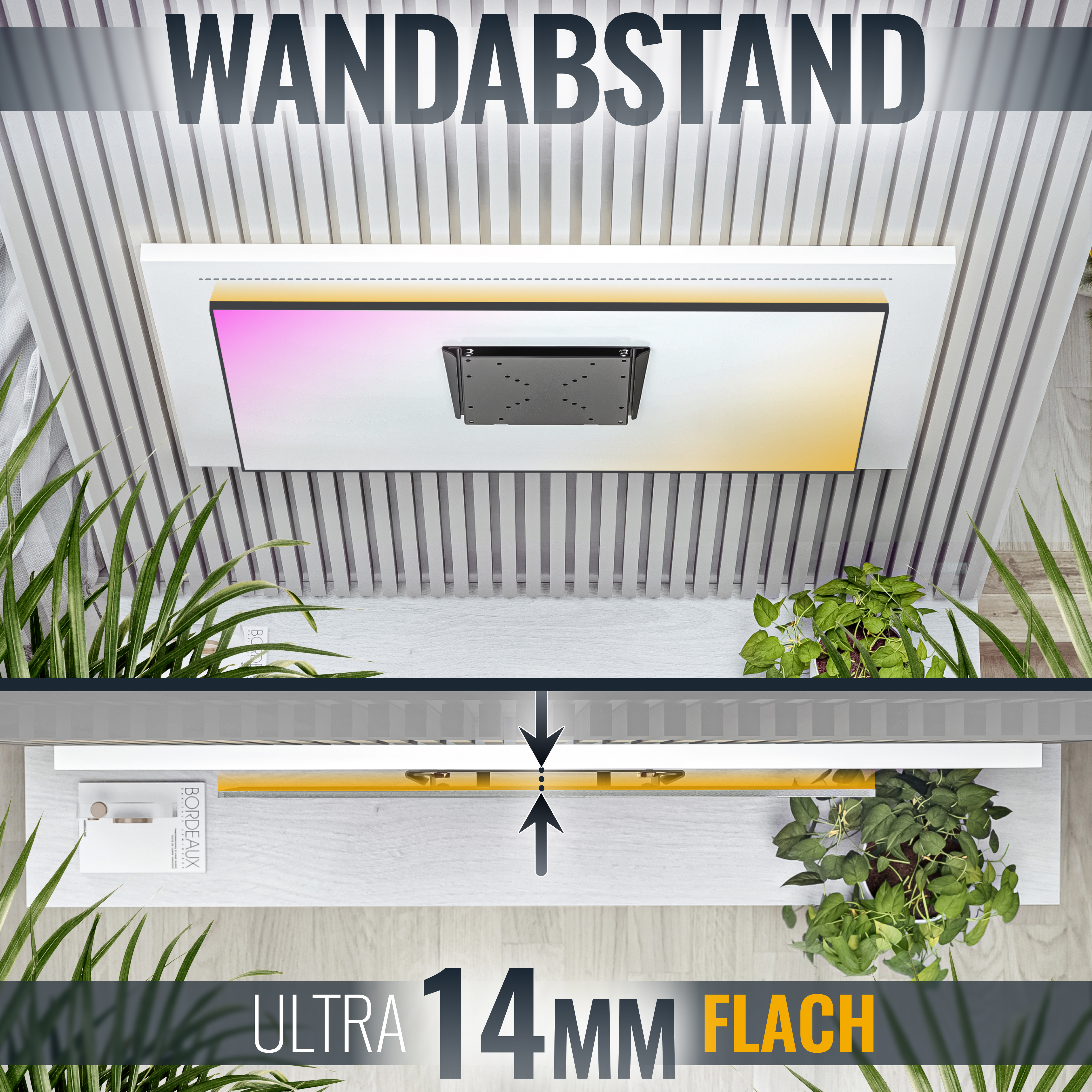 Ein weißer Fernsehbildschirm ist an der Wand montiert. Der Text 'WANDABSTAND' wird angezeigt.