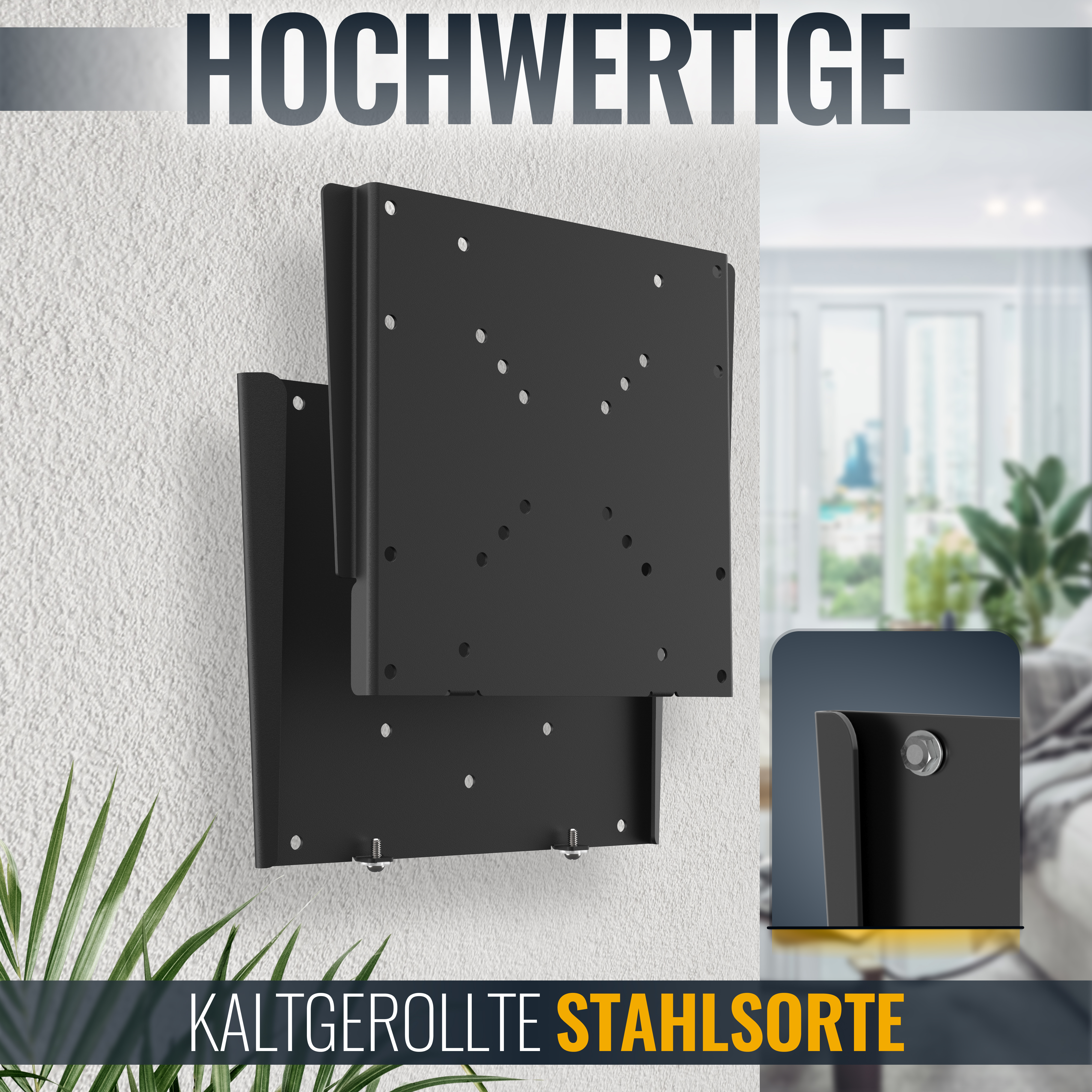 Schwarze, wandmontierte TV-Halterung, mit Nahaufnahme einer Schraube. Text: "HOCHWERTIG" und "KALTGEROLLTE STAHL". 
