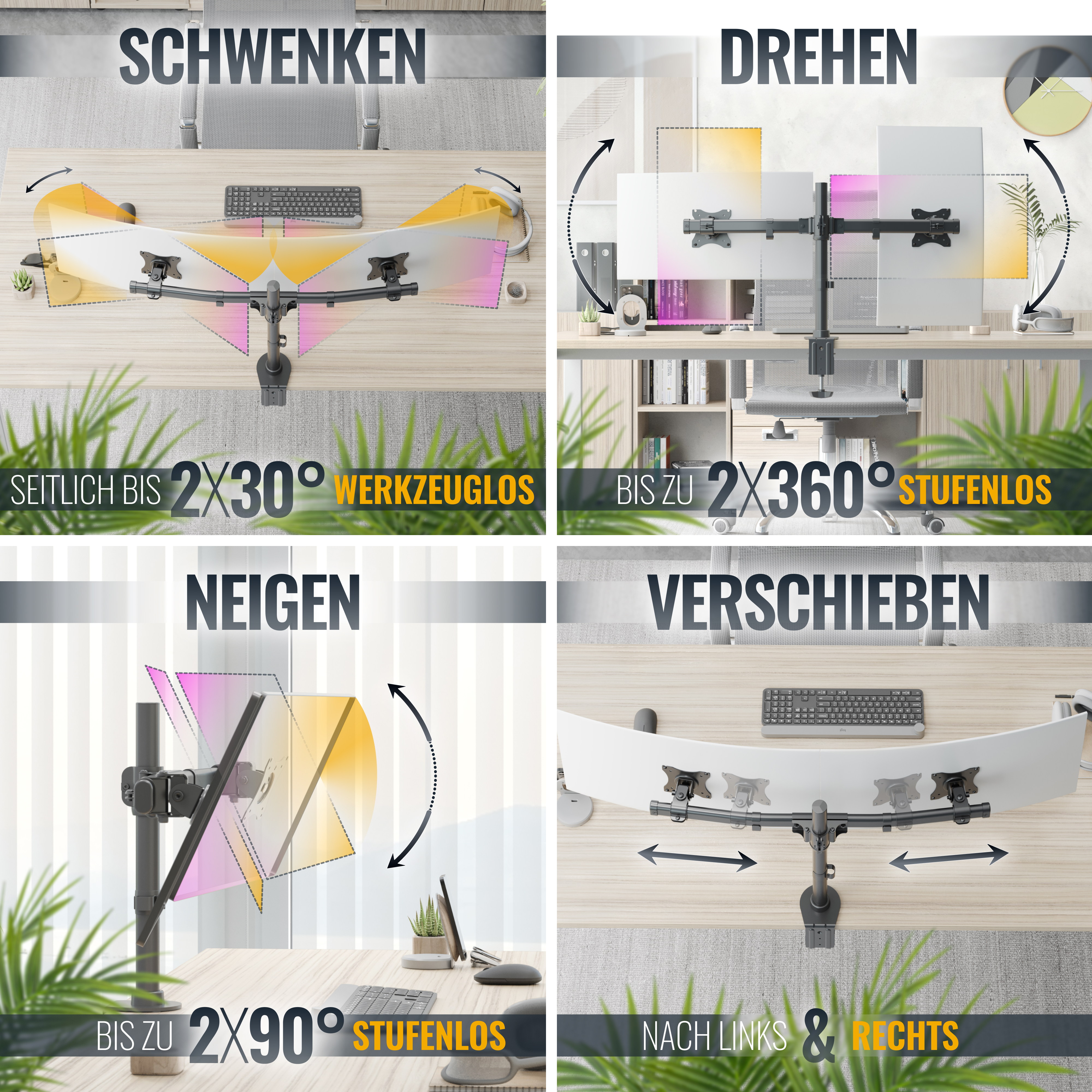 Vier Bilder, die Monitorarme zeigen. Aktionen: schwenken, drehen, neigen und verschieben.