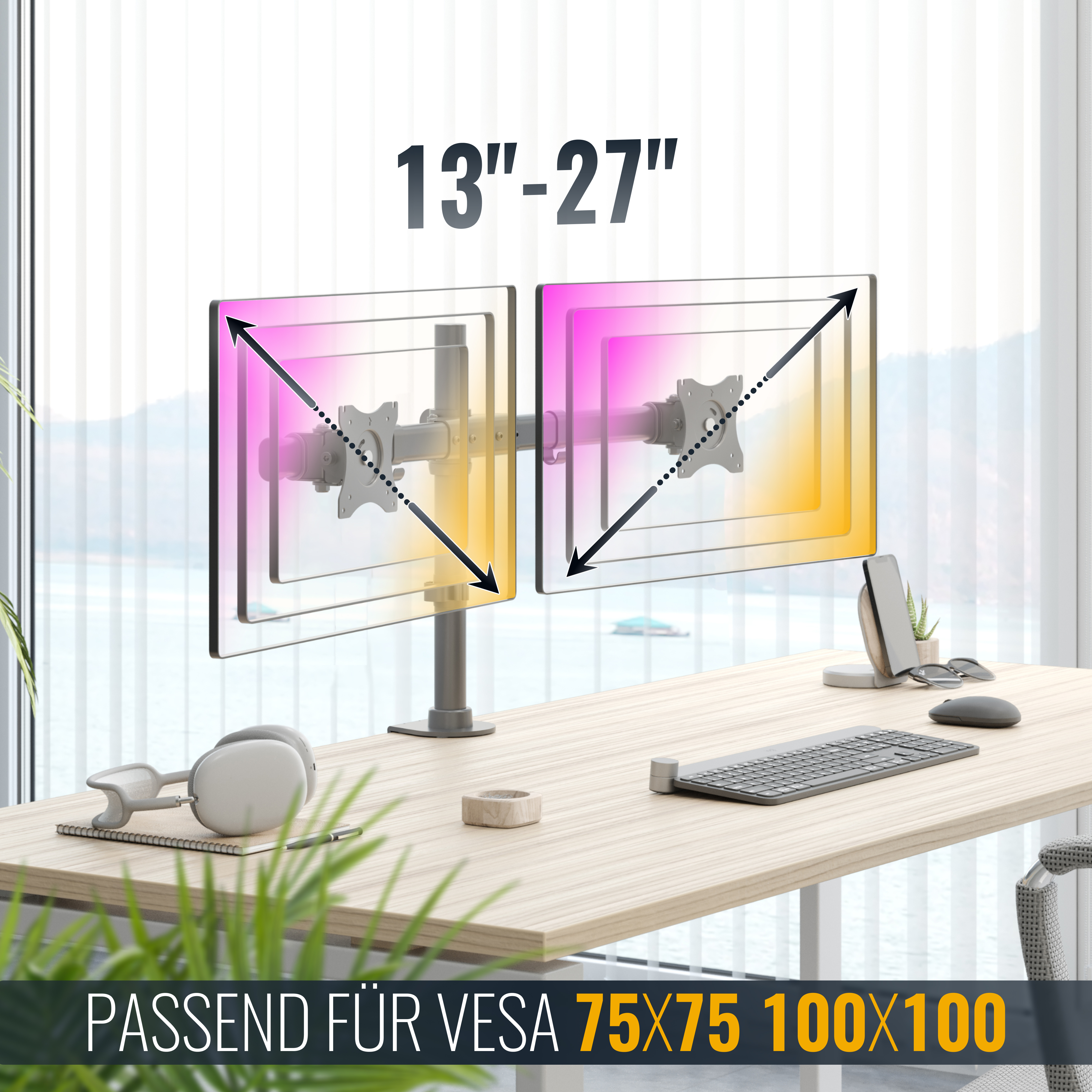 Zwei-Monitor-Setup auf dem Schreibtisch, mit Text '13-27' und Spezifikationen.