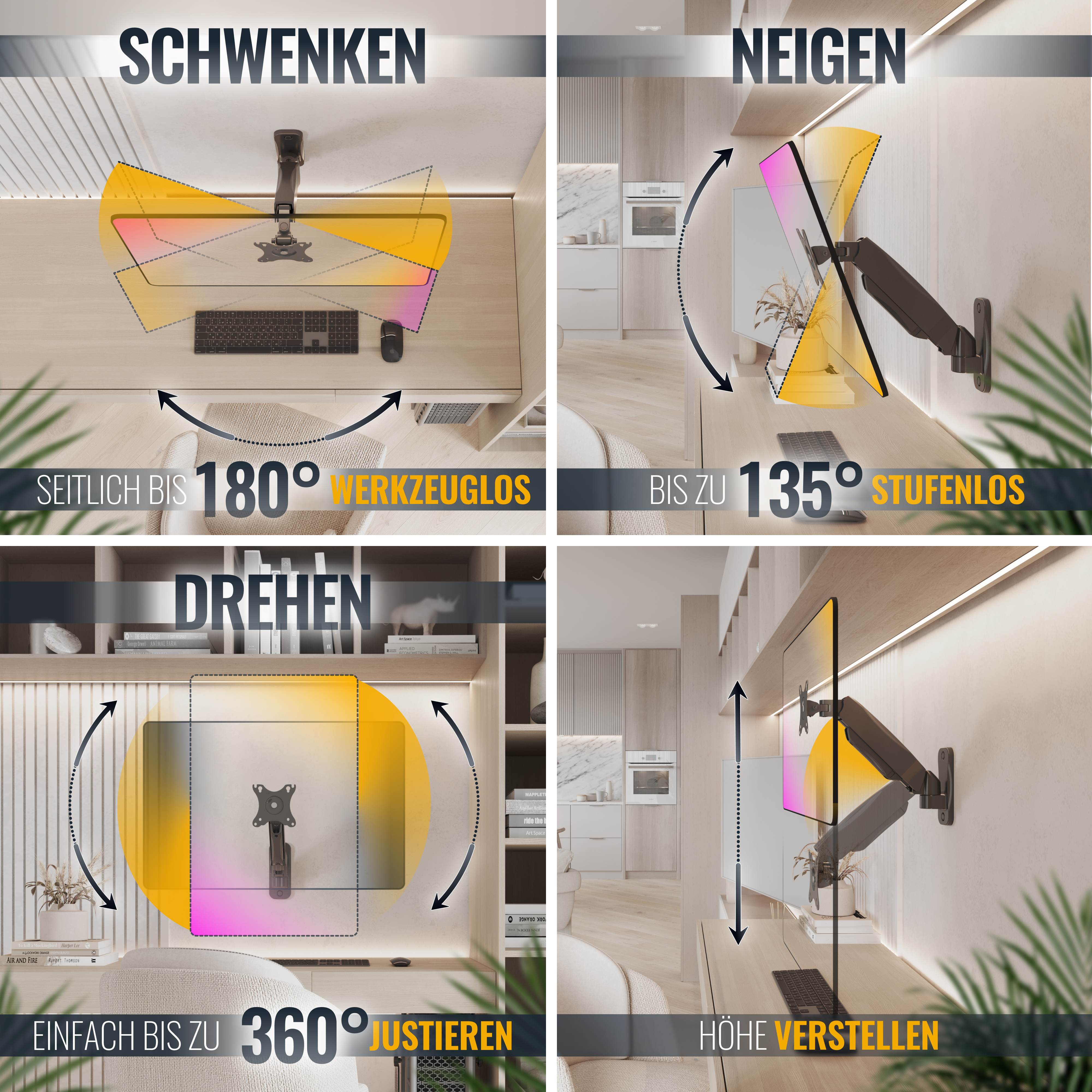 Vier Bilder, die Einstellungen für einen Monitorarm zeigen: Schwenken, Neigen, Drehen und Höhe.