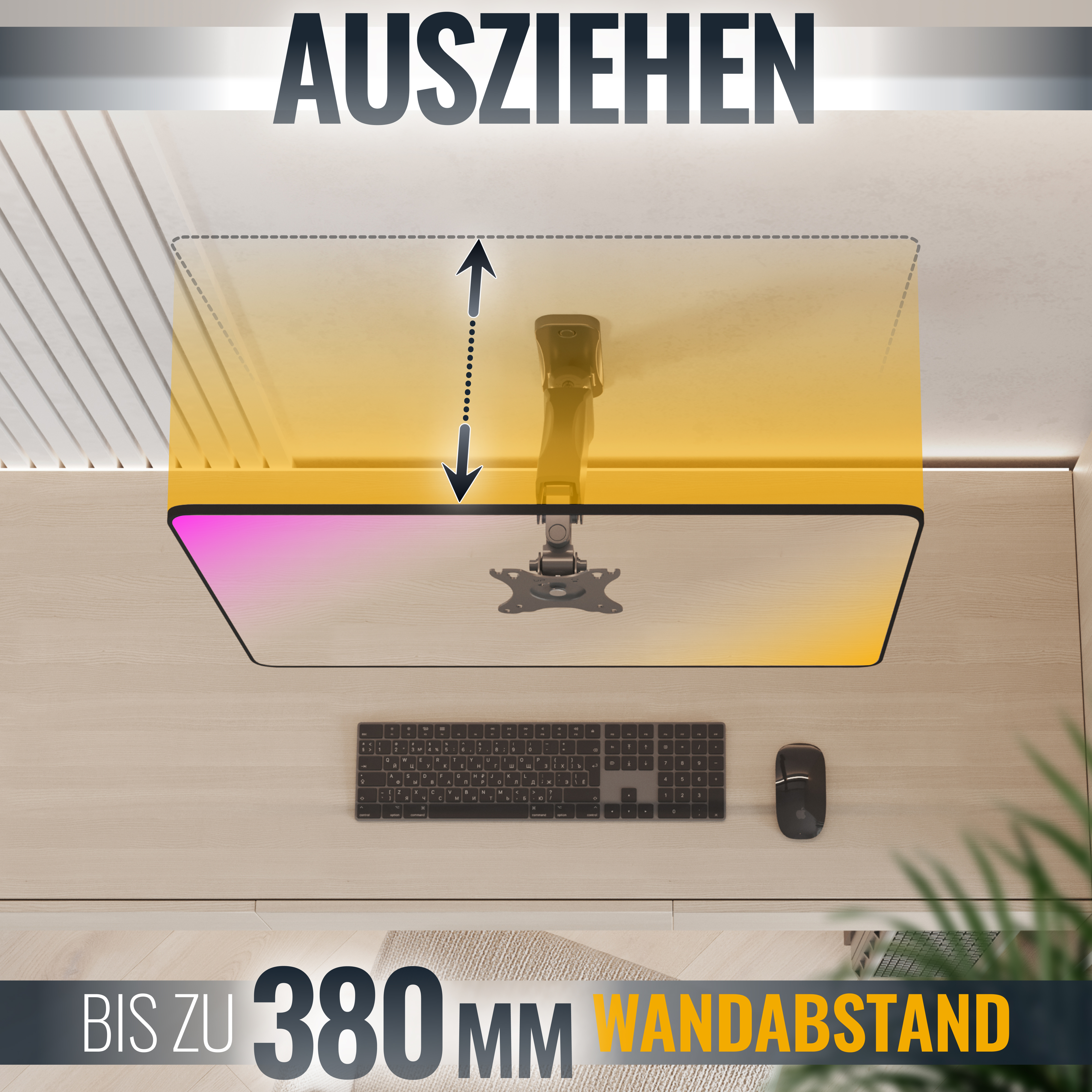 TV-Halterung, die sich von der Decke erstreckt. Der Wandabstand kann bis zu 380 mm betragen.
