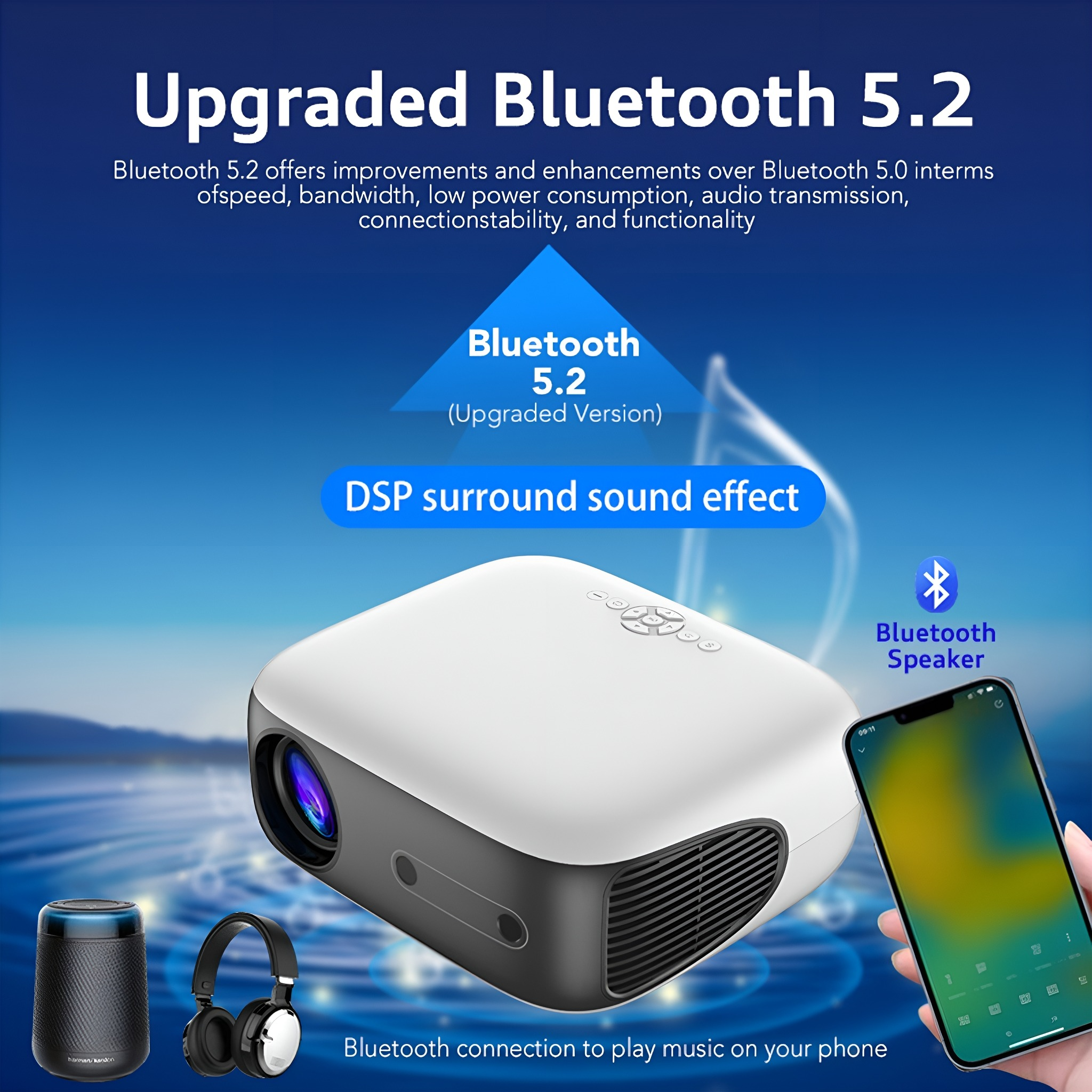 Weißer Projektor mit Smartphone und Kopfhörern, Text: Bluetooth 5.2.