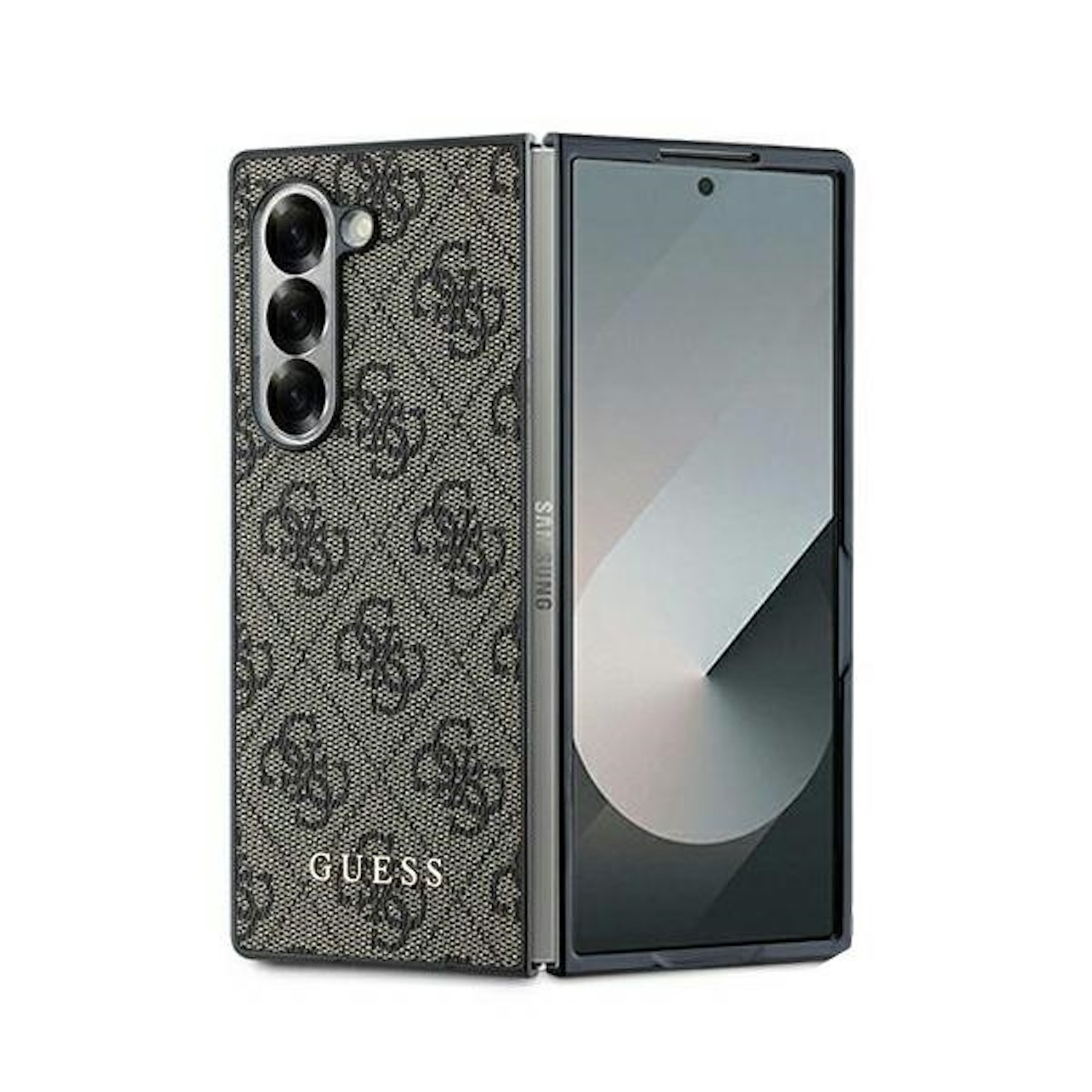 Custodia per telefono Guess nera e beige per telefono pieghevole, su superficie bianca.
