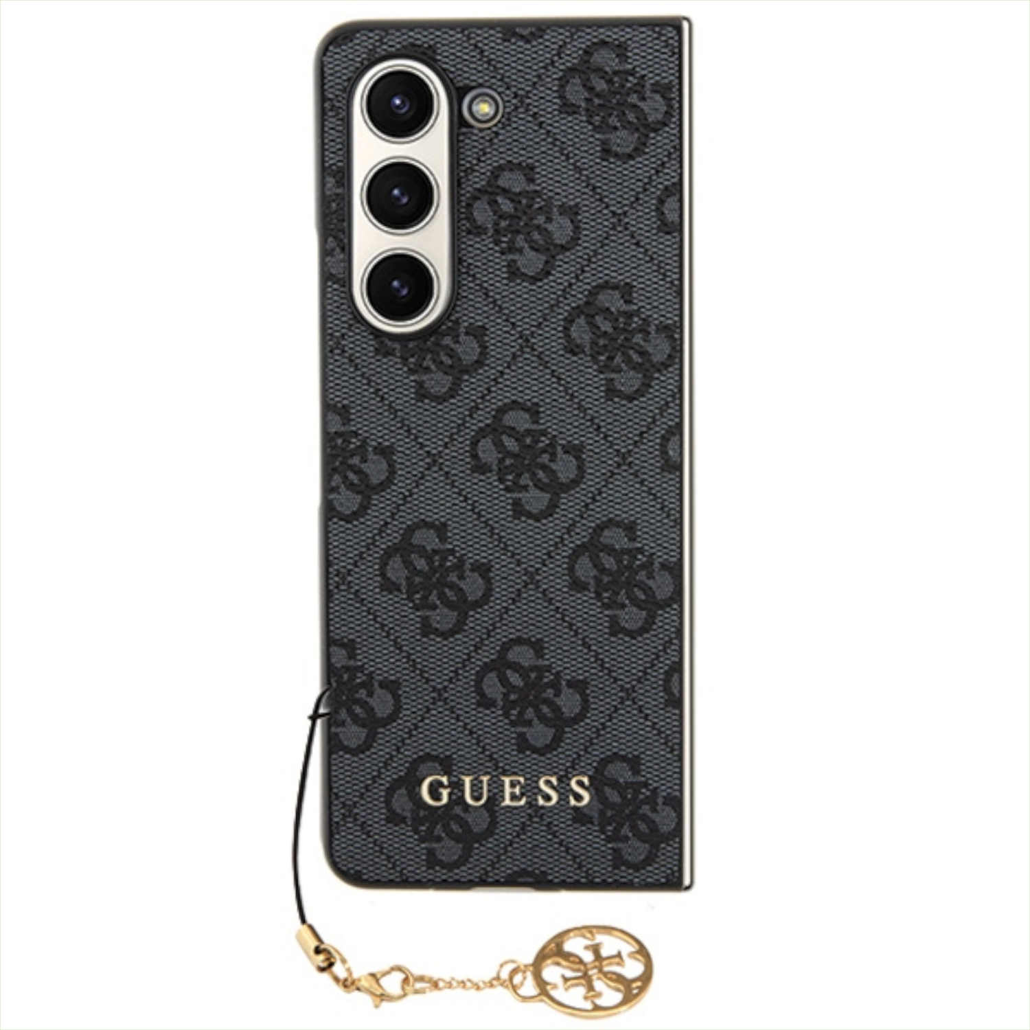 Custodia per telefono nera con motivo logo ripetuto, charm e configurazione fotocamera tripla in alto.