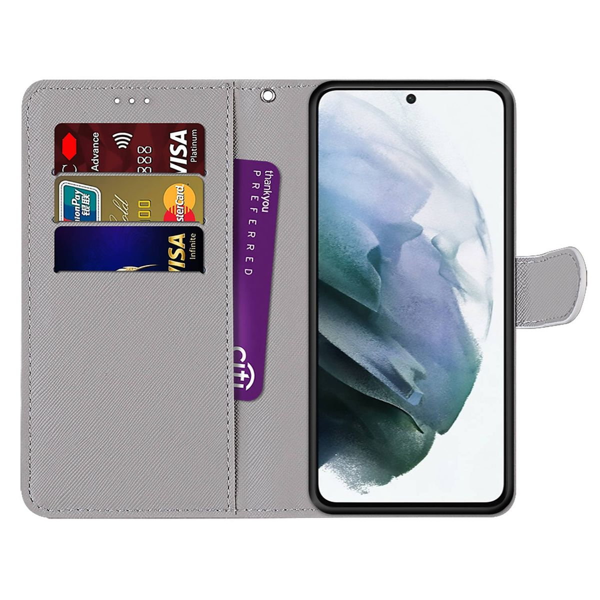 Graue Handyhülle mit Kreditkarten, einem Telefon und einem Magnetverschluss. Kreditkarten sind sichtbar.