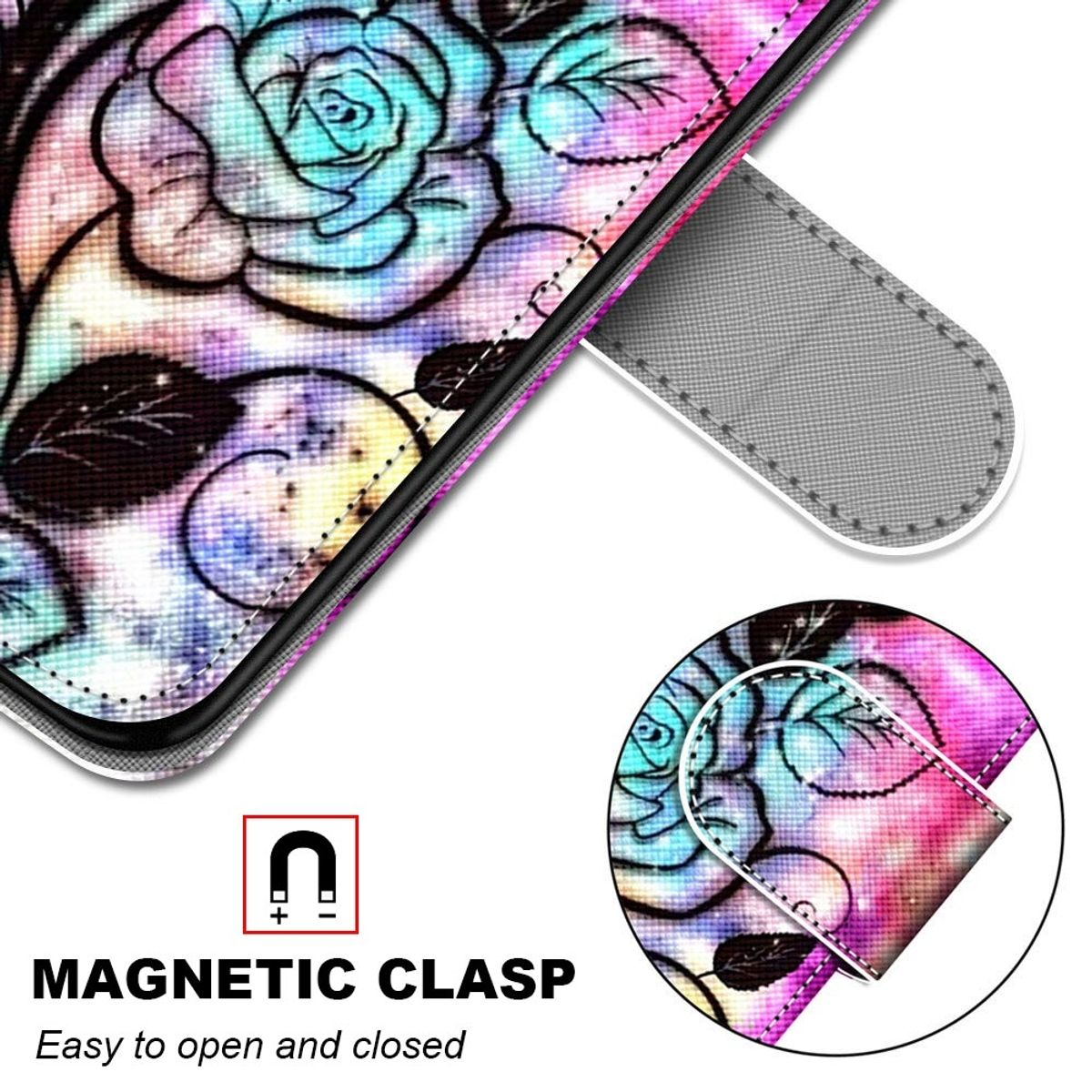 Handyhülle mit Rosendesign und Magnetverschluss, Nahaufnahme.