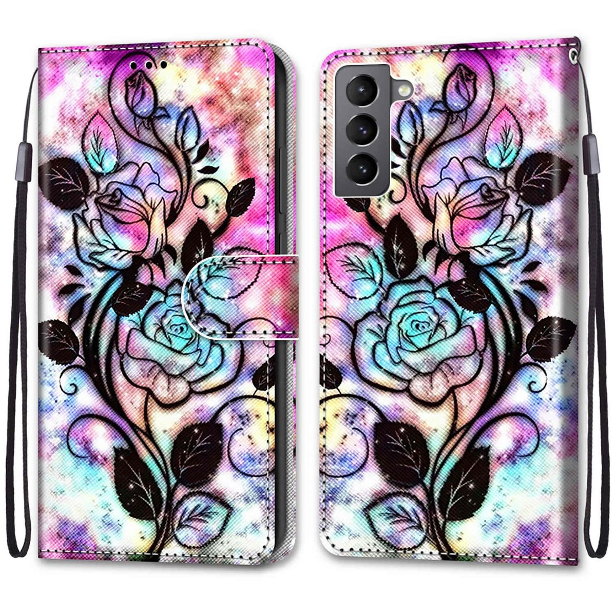 Eine geöffnete Handyhülle mit Blumendesign auf Vorder- und Rückseite sowie einem Riemen.