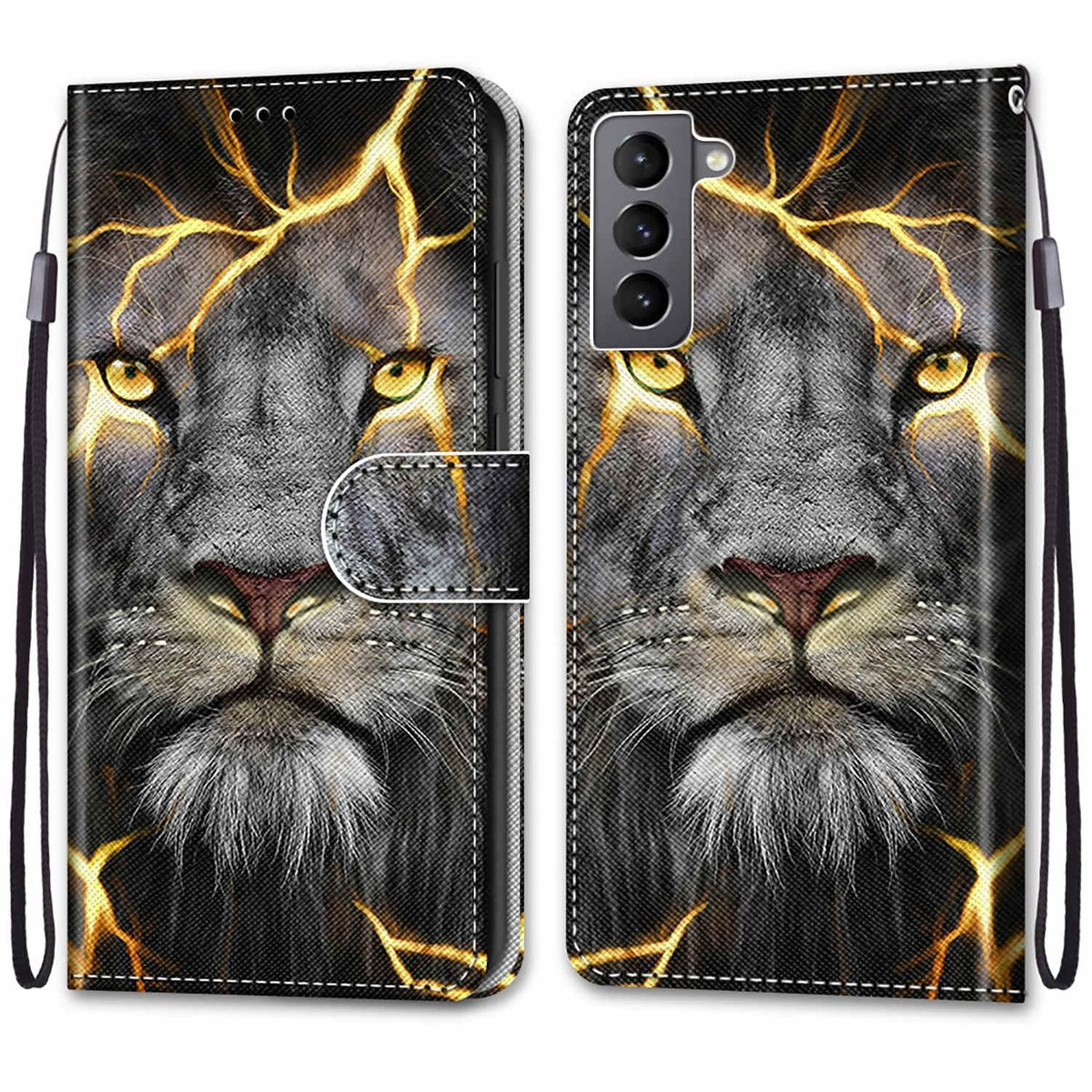 Telefonhülle mit Löwengesicht-Design, geöffnet und geschlossen. Die Hülle hat einen Riemen.