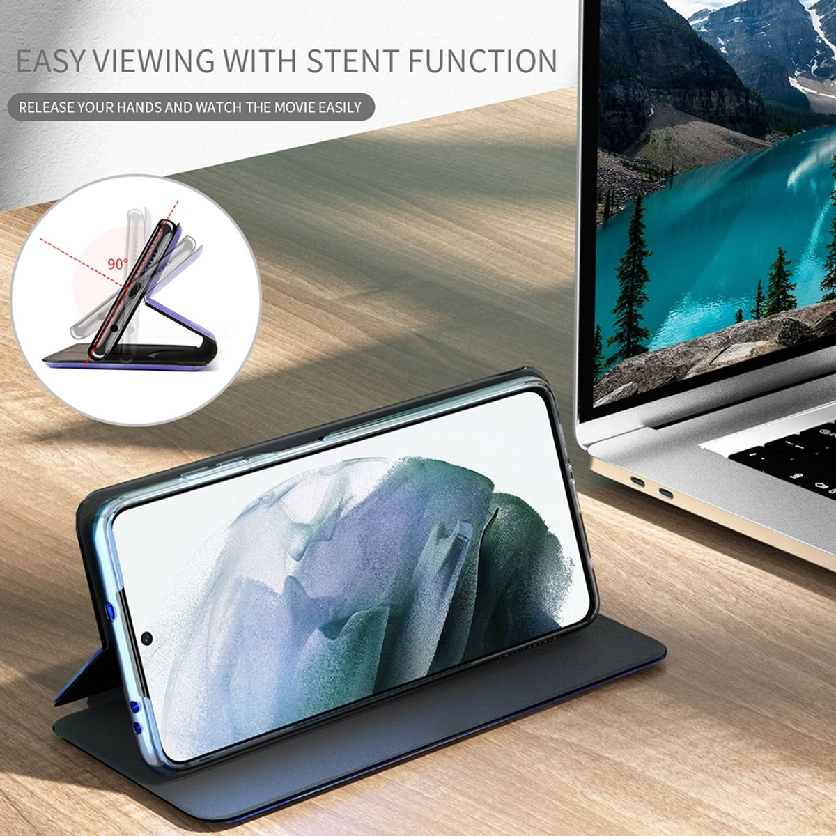 Ein Smartphone in einer Hülle, zum Betrachten aufgestellt, mit See im Hintergrund.