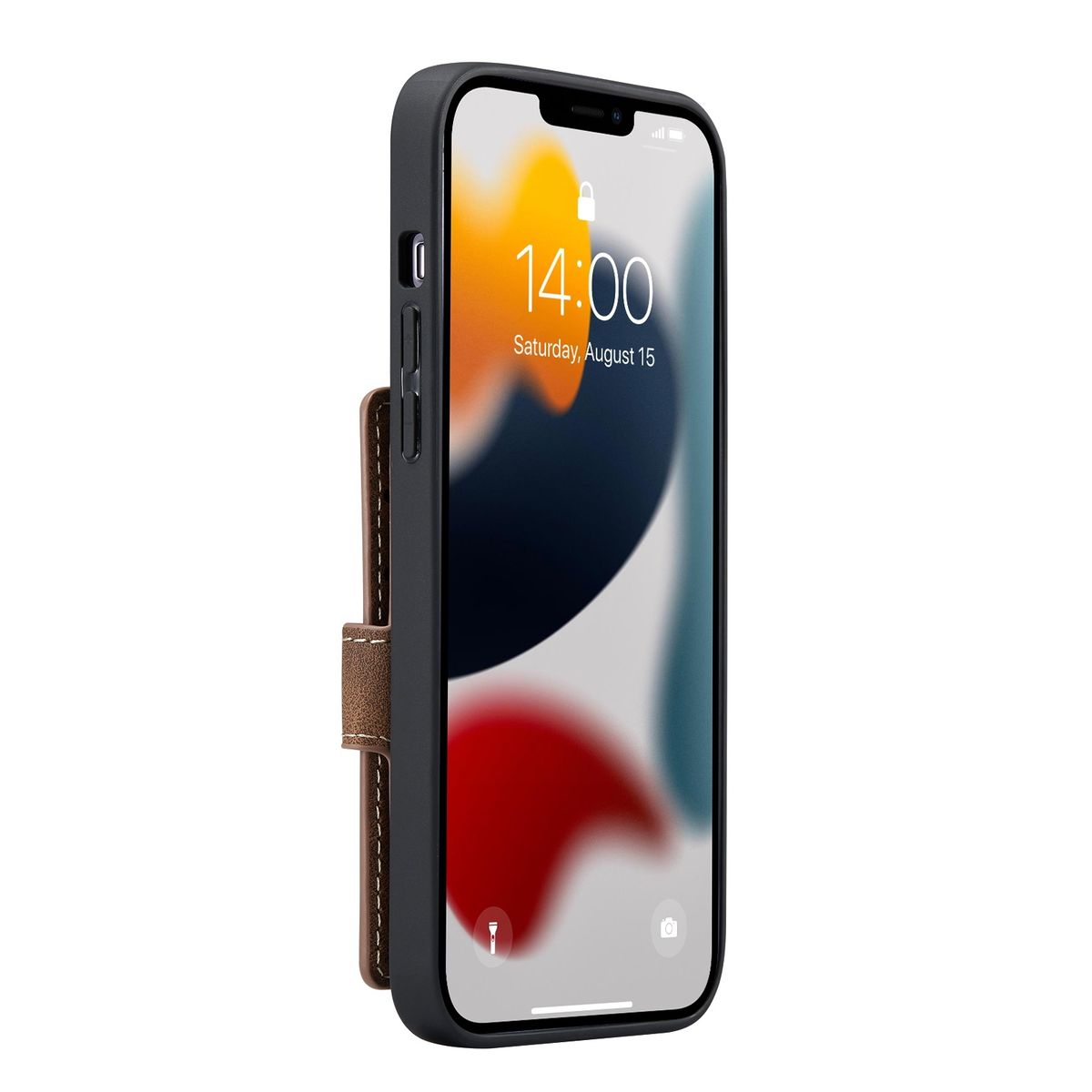 Schwarze Handyhülle mit braunem Leder-Wallet. Weißer Hintergrund.