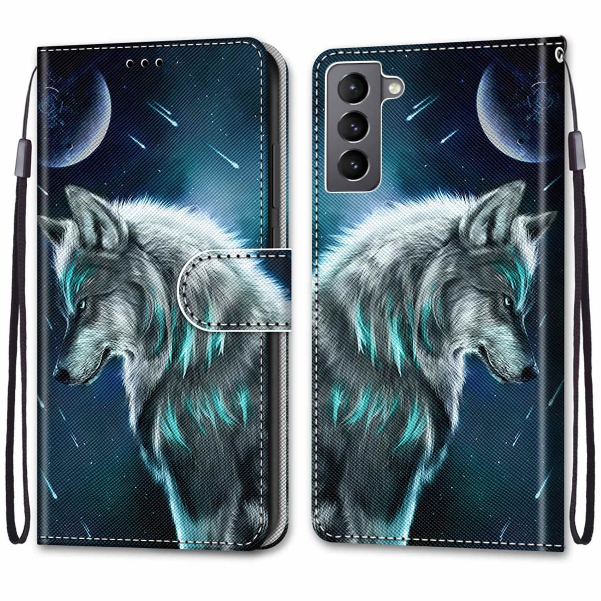 Ein geöffnetes Telefonetui, das ein Wolfsdesign zeigt. Zwei Wölfe sind auf dem Etui mit Nachthimmel im Hintergrund.