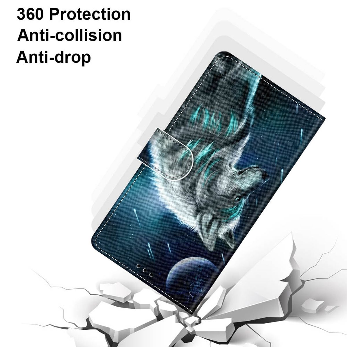 Handyhülle mit Wolfsbild. Text: 360 Schutz, Anti-Kollision, Anti-Sturz.