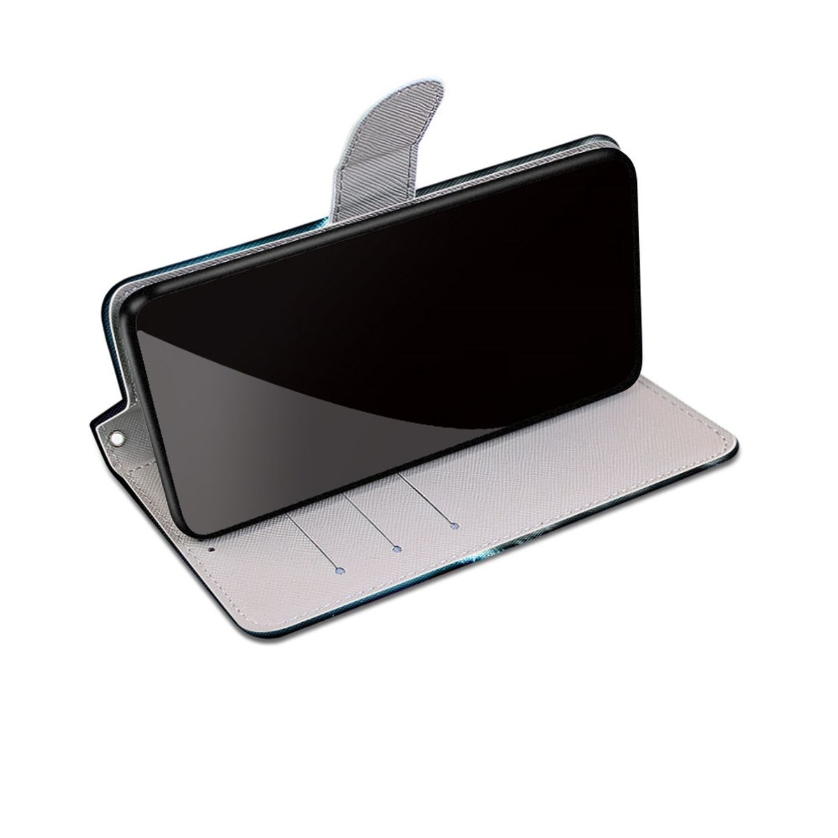 Telefon in einer Brieftasche, mit schwarzem Bildschirm. Die Brieftasche ist geöffnet.