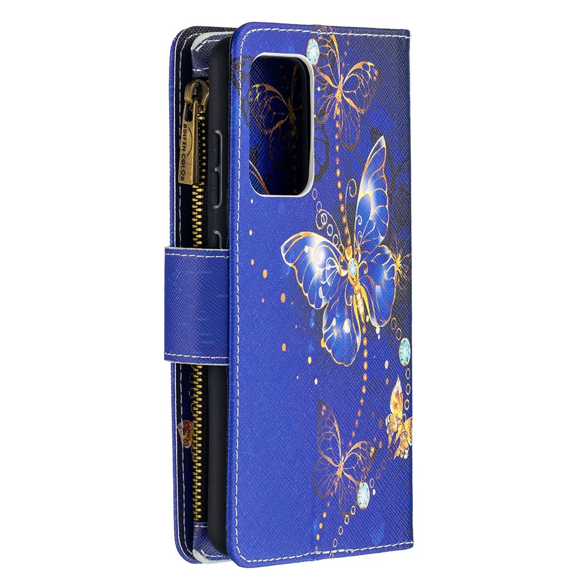 Blaue Handyhülle mit Schmetterlingsdesign und goldenen Details, geöffnet, um das Telefon zu zeigen.