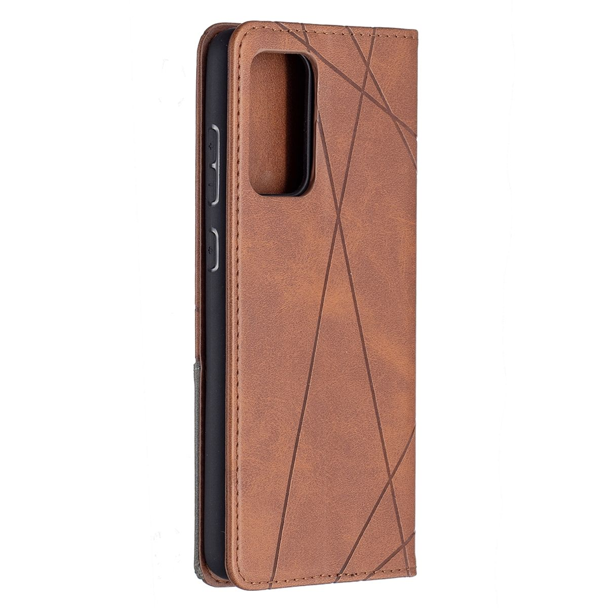 Braune Handyhülle mit geometrischem Muster, mit Telefon darin.